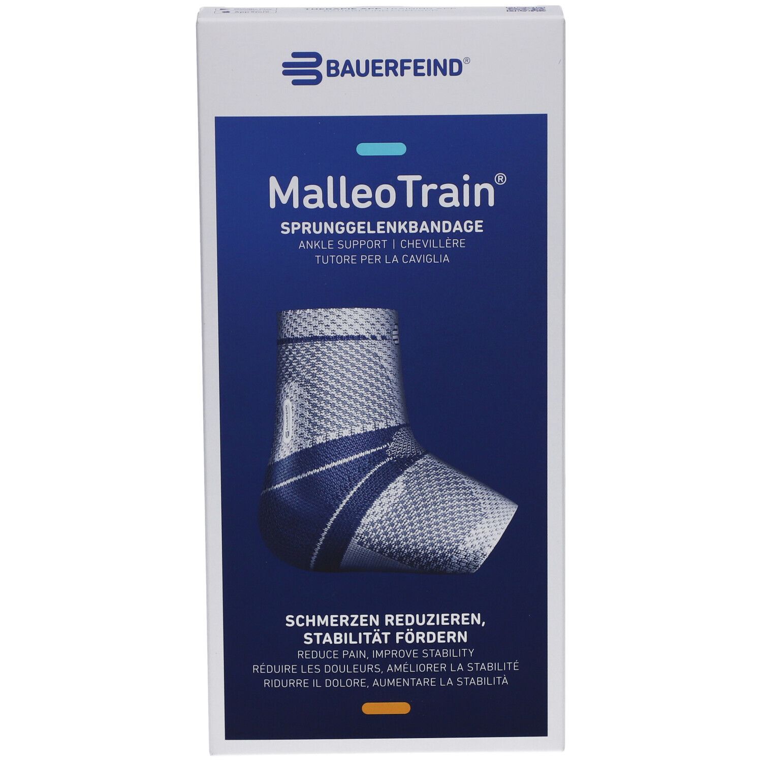 Vorderansicht der MalleoTrain Verpackung. Produktabbildung, Markenlogo Bauerfeind und Produktname.