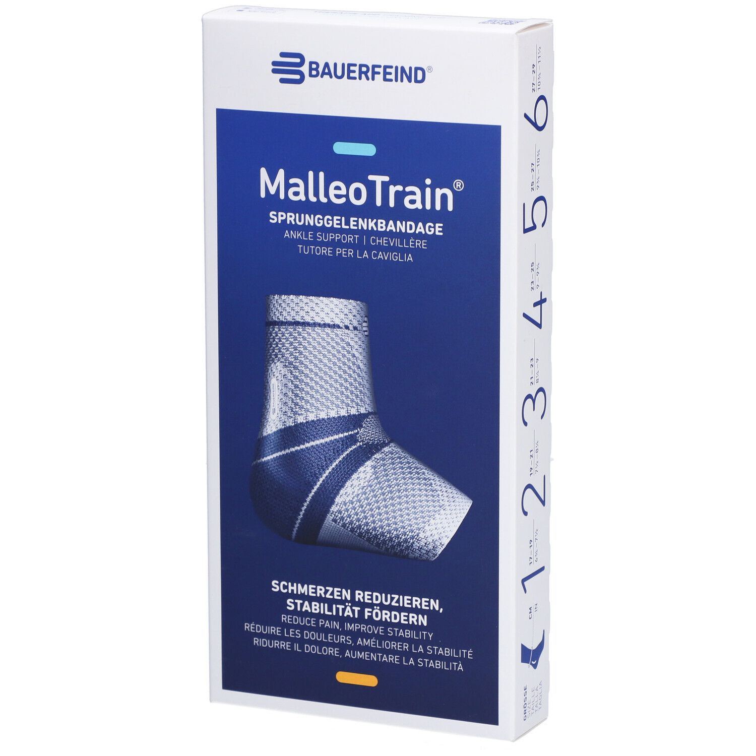 Bauerfeind MalleoTrain Sprunggelenkbandage, Größe 6, links. Verpackung zeigt Bandage, Größenangabe und Produktinformationen.