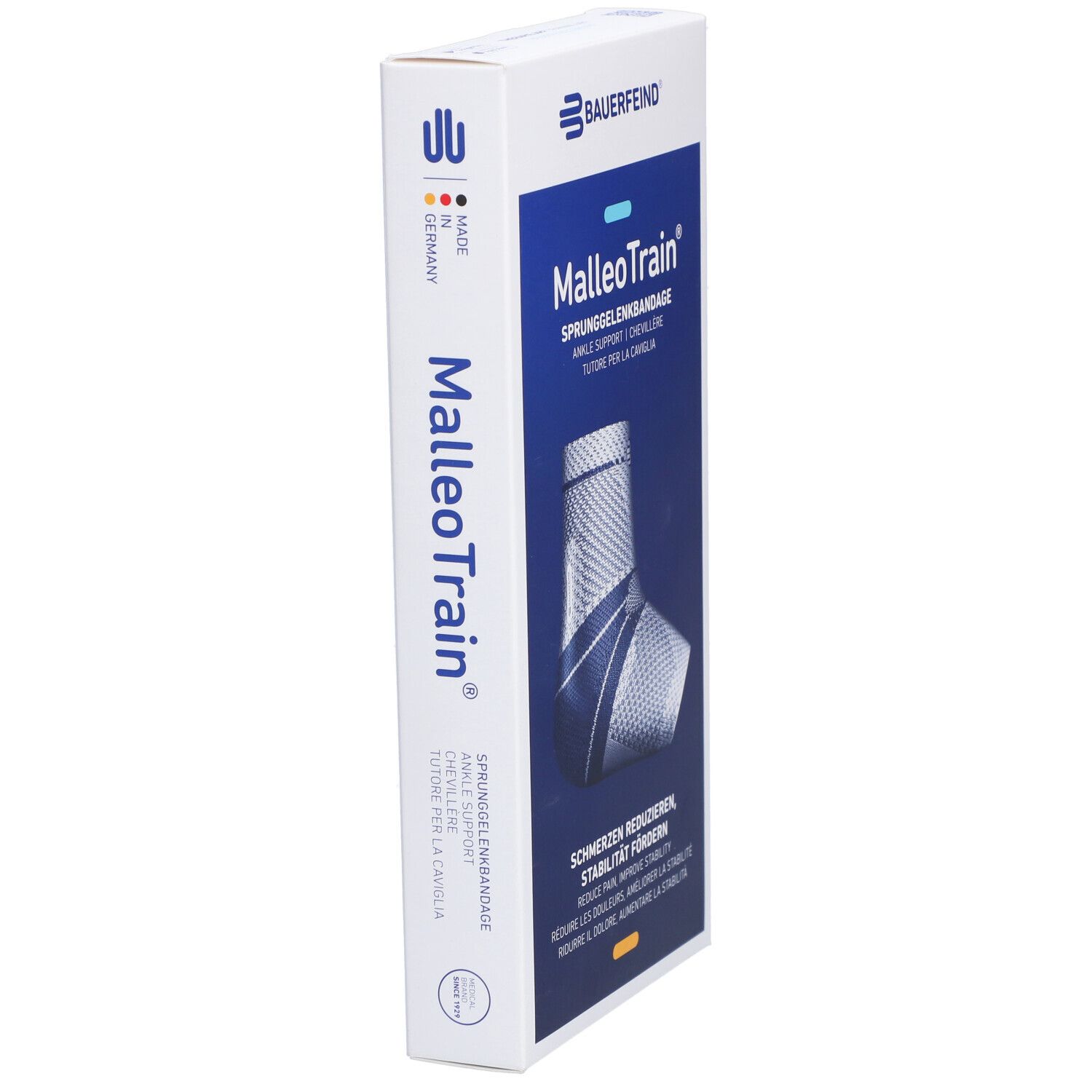 Bauerfeind MalleoTrain Sprunggelenkbandage, Größe 6, links. Verpackung, Seitenansicht. Produktname, Logo und Herkunftsland.