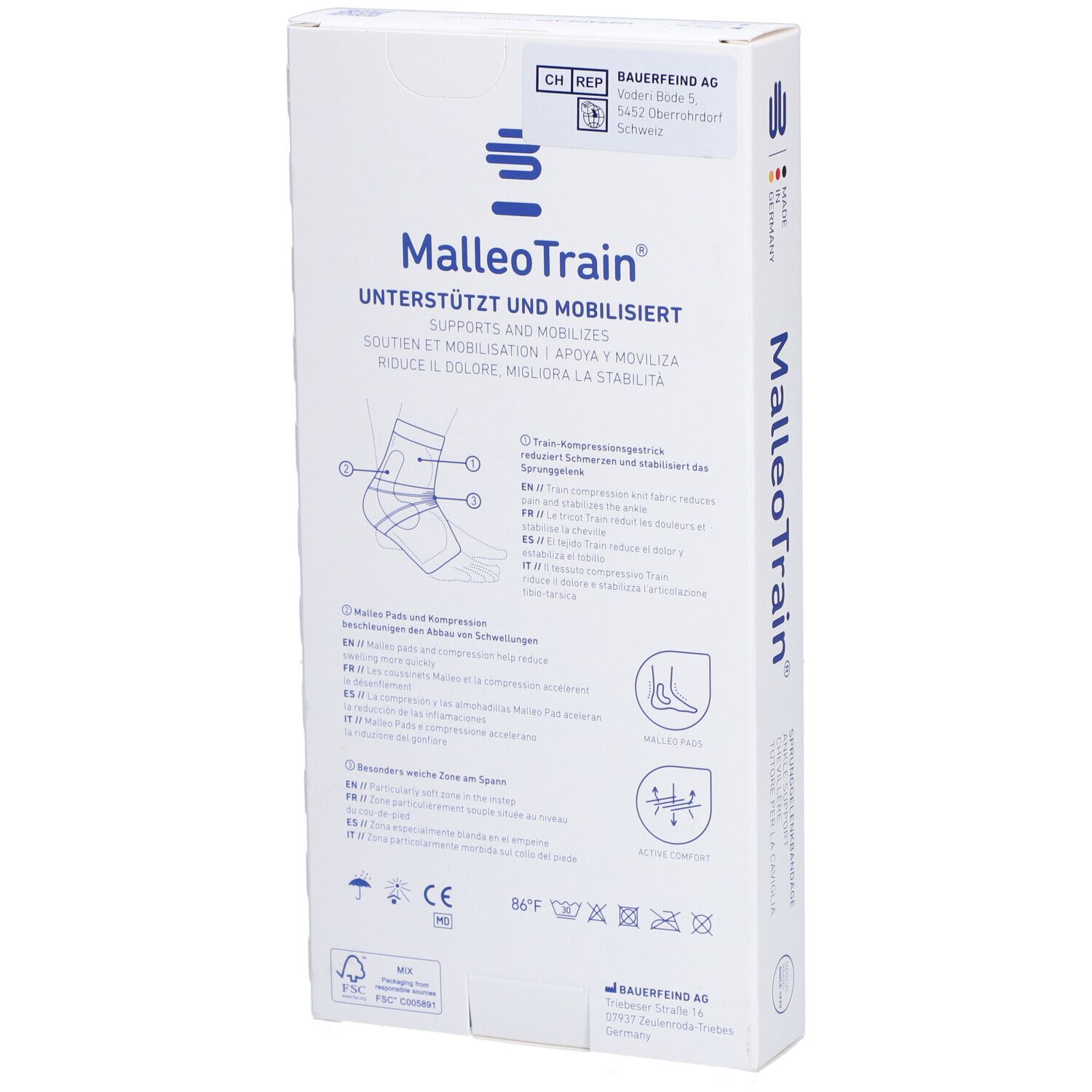 Rückseite der Verpackung der MalleoTrain Sprunggelenkbandage. Produktname, Informationen zur Unterstützung und Mobilisierung, Piktogramme.