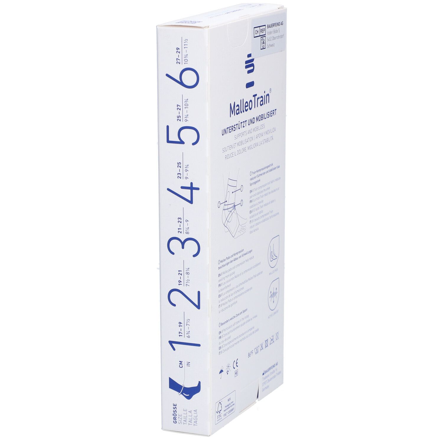 Seite der Verpackung der MalleoTrain Sprunggelenkbandage. Größenangaben, Größenübersicht, Produktinformationen.
