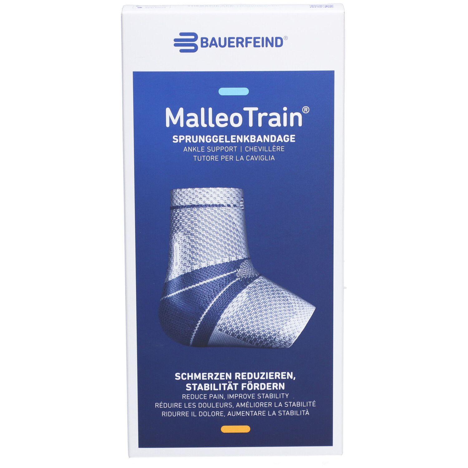 Bauerfeind MalleoTrain Sprunggelenkbandage, Größe 6, links. Verpackung zeigt Bandage, Größenangabe und Produktinformationen.
