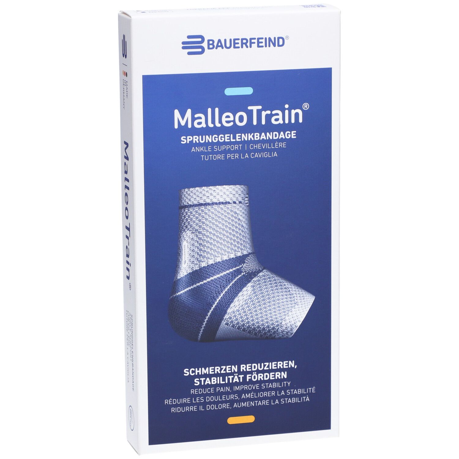 Bauerfeind MalleoTrain Sprunggelenkbandage, Größe 6, links. Verpackung zeigt Bandage, Größenangabe und Produktinformationen.