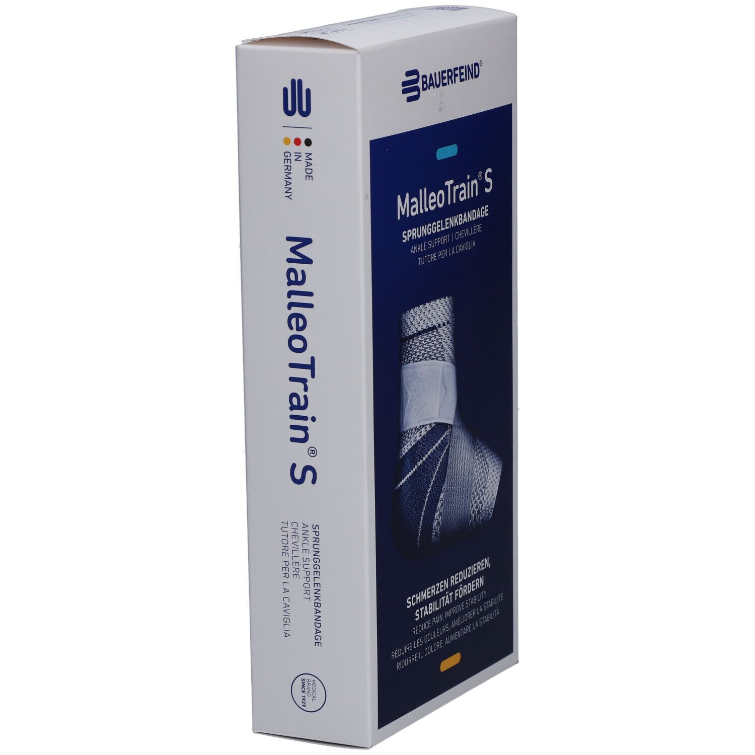 Verpackung der MalleoTrain S Sprunggelenkbandage. Marke Bauerfeind. Produktabbildung. Hergestellt in Deutschland.
