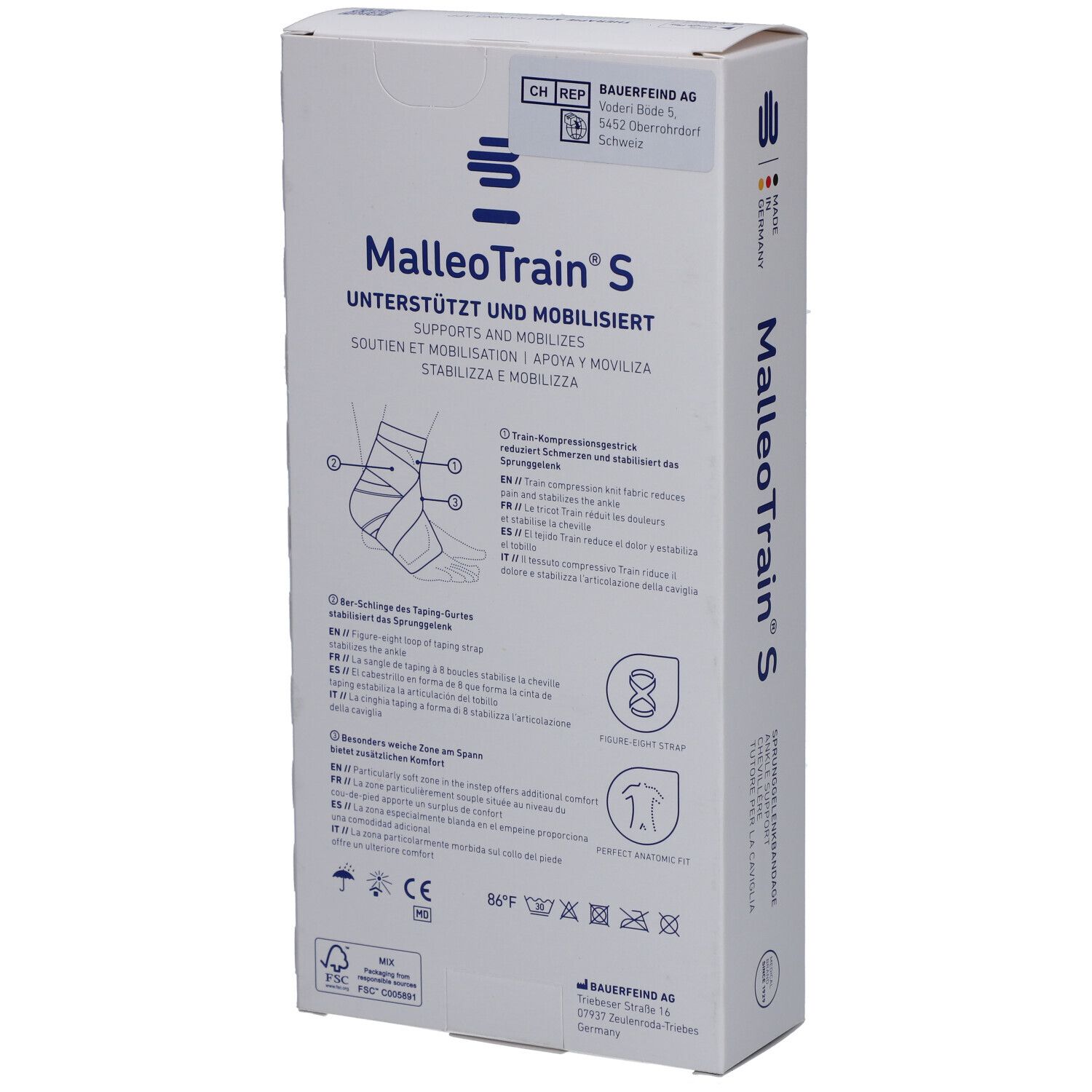 Rückseite der MalleoTrain S Verpackung. Produktinformationen, Illustrationen und Herstelleradresse. CE-Kennzeichnung.