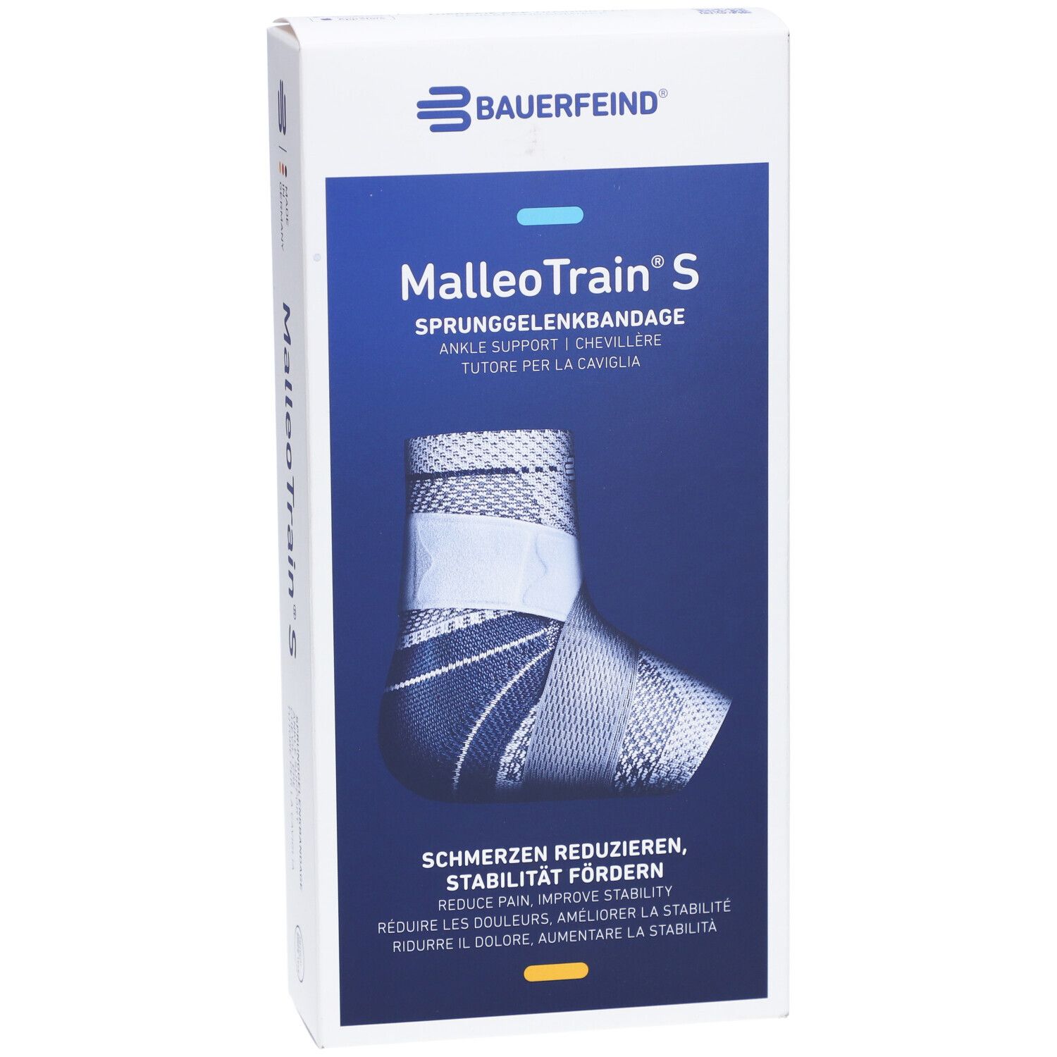 Vorderseite der MalleoTrain S Verpackung. Produktabbildung. Marke Bauerfeind. Text: Schmerzen reduzieren, Stabilität fördern.