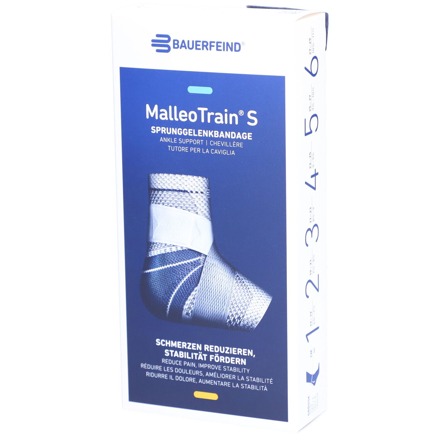 Emballage de l'attelle de cheville MalleoTrain S. Marque Bauerfeind. Texte : Réduire la douleur, améliorer la stabilité. Taille 3.