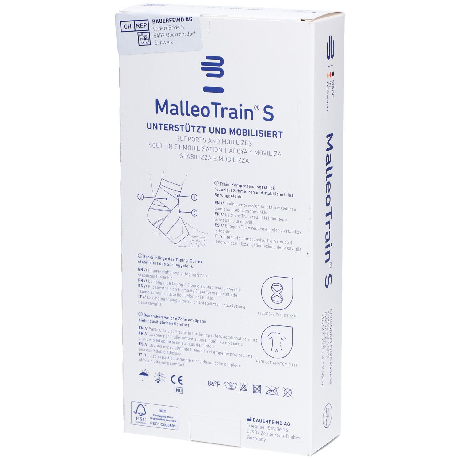 Dos de l'emballage MalleoTrain S. Marque Bauerfeind. Illustration du produit et informations sur le soutien et la mobilisation.