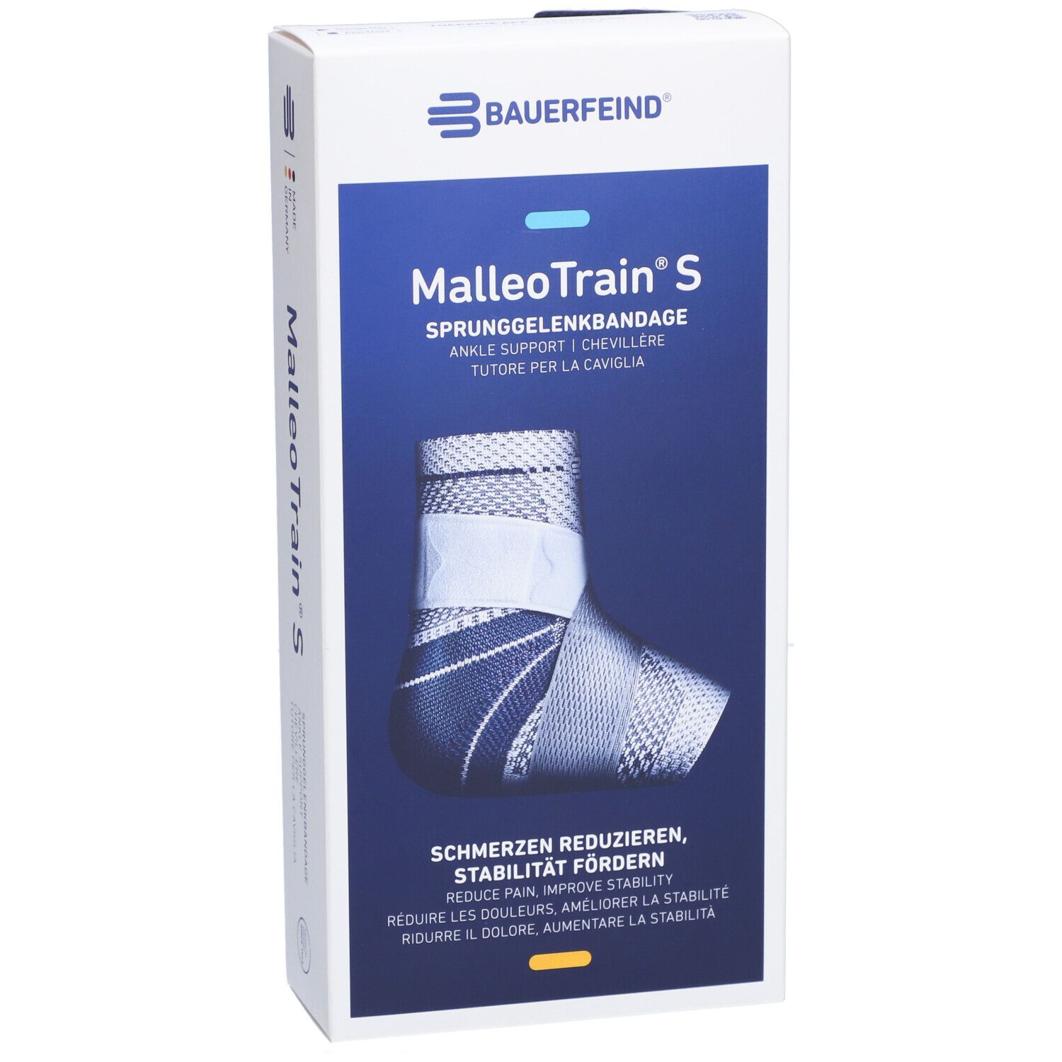 Face avant de l'emballage MalleoTrain S. Marque Bauerfeind. Illustration de l'attelle de cheville. Texte : Réduire la douleur, améliorer la stabilité.