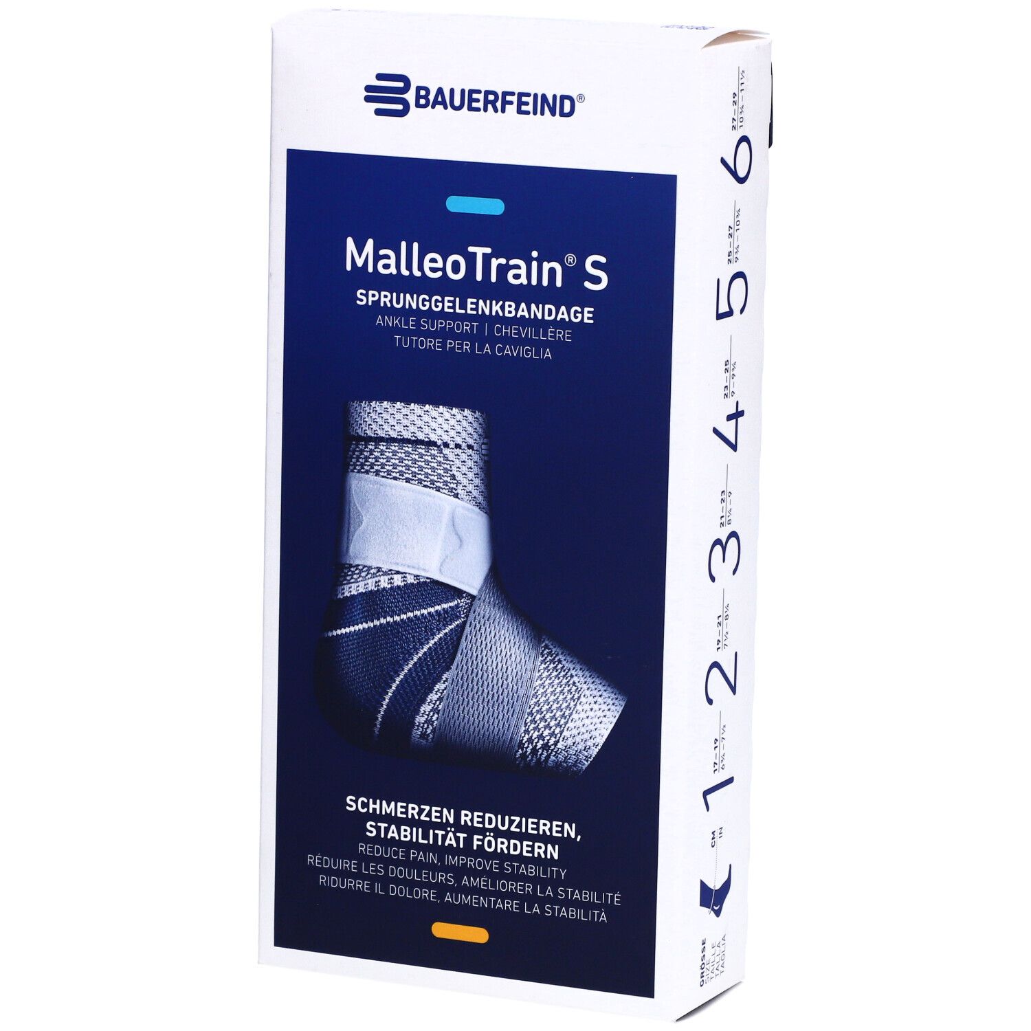 Bauerfeind MalleoTrain S Sprunggelenkbandage in Verpackung. Größe 4 rechts. Blau-weißes Design. Text: Schmerzen reduzieren, Stabilität fördern.