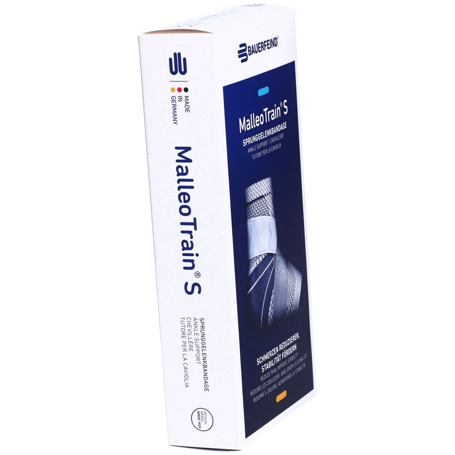 Verpackung der MalleoTrain S Sprunggelenkbandage. Marke Bauerfeind. Produktname und Beschreibung. Made in Germany. Seitenansicht.