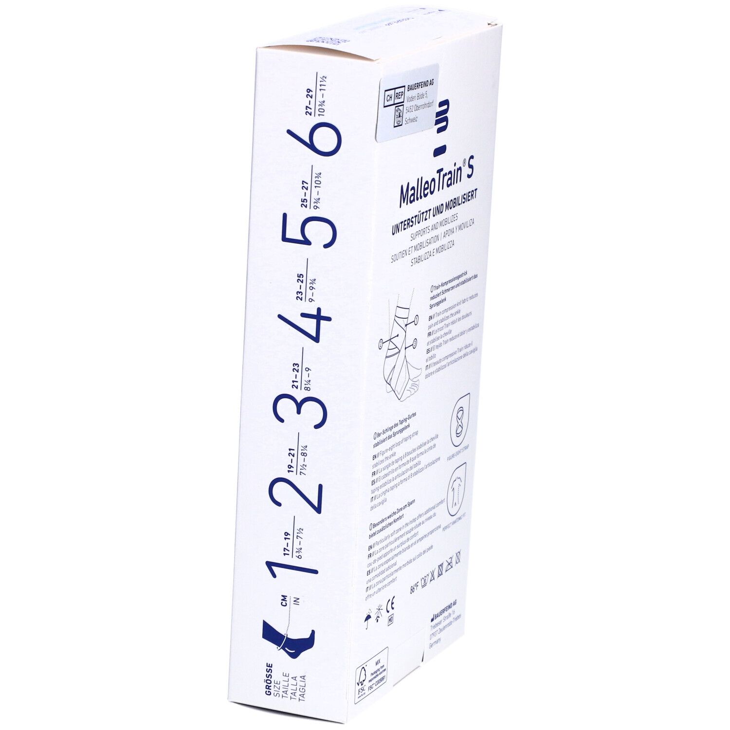 Verpackung der MalleoTrain S Sprunggelenkbandage. Größenangaben: 1-6. Produktname und Beschreibung. Seitenansicht.
