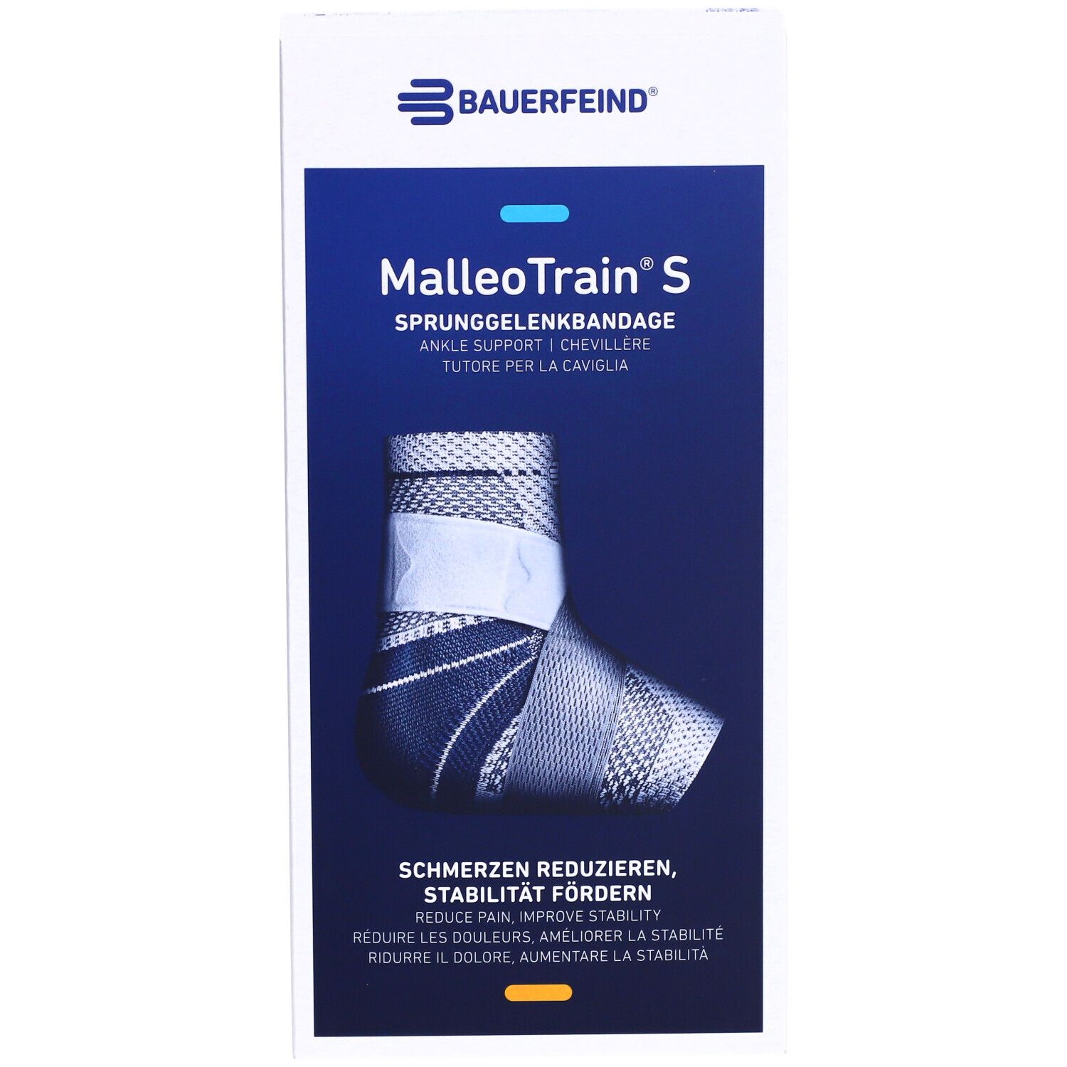 Bauerfeind MalleoTrain S Sprunggelenkbandage in Verpackung. Blau-weißes Design. Text: Schmerzen reduzieren, Stabilität fördern. Frontansicht.