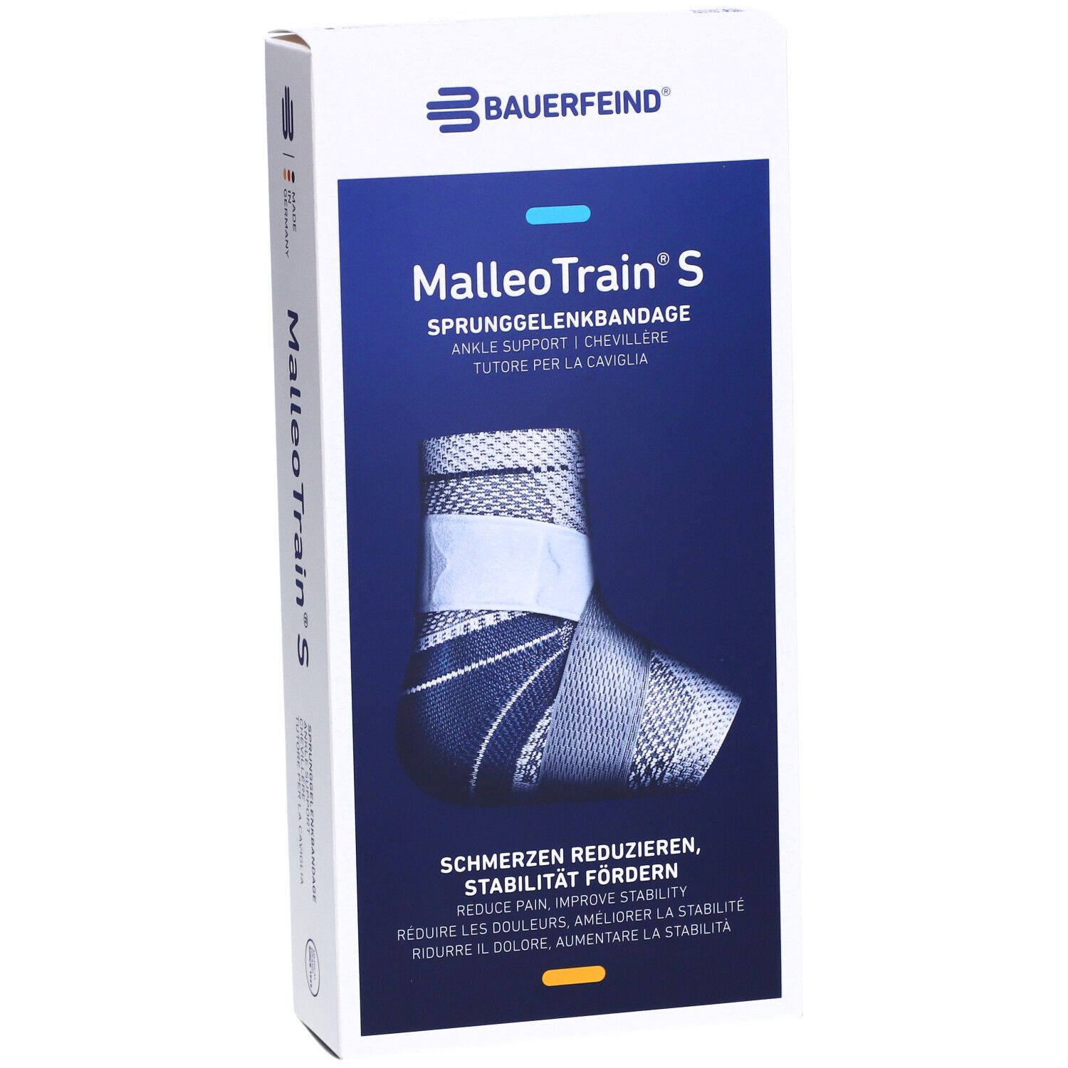 Bauerfeind MalleoTrain S Sprunggelenkbandage in Verpackung. Blau-weißes Design. Text: Schmerzen reduzieren, Stabilität fördern. Frontansicht.
