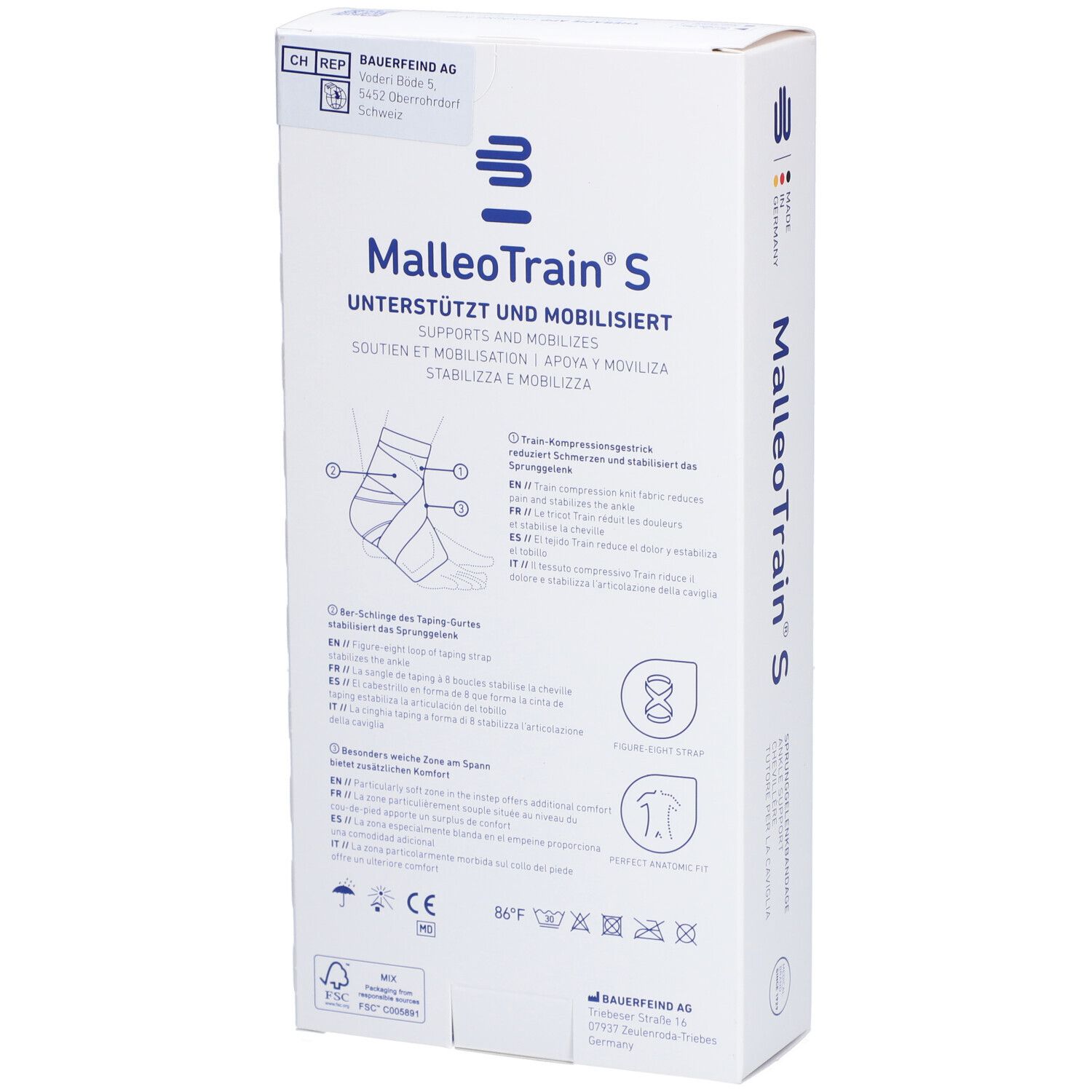 Dos de l'emballage de l'attelle de cheville MalleoTrain S. Marque Bauerfeind. Informations sur le produit et symboles.
