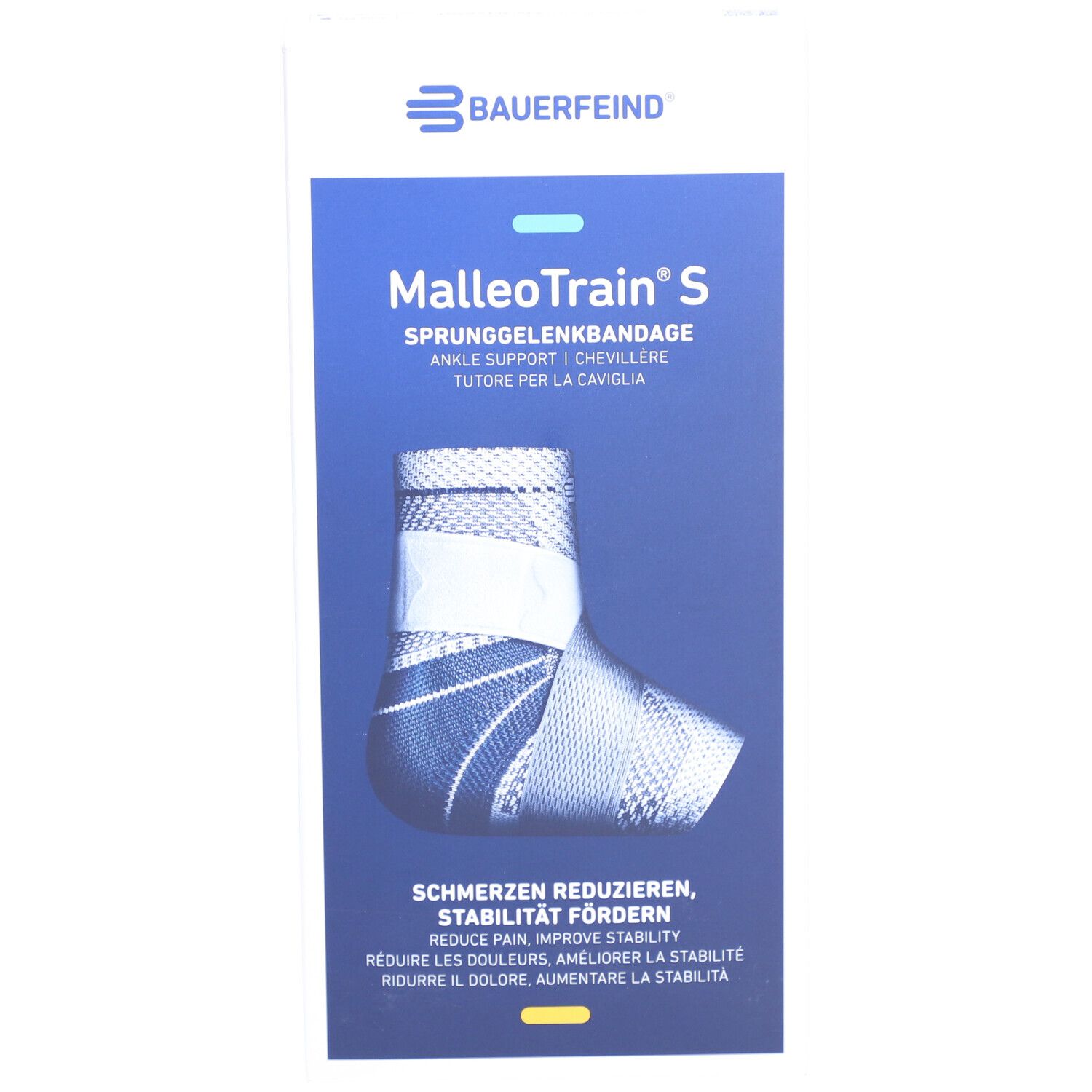 Vue de face de l'emballage de l'attelle de cheville MalleoTrain S. Marque Bauerfeind. Image du produit et texte.