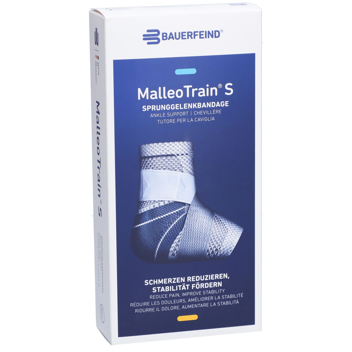 Vue de face de l'emballage de l'attelle de cheville MalleoTrain S. Marque Bauerfeind. Image du produit et texte.