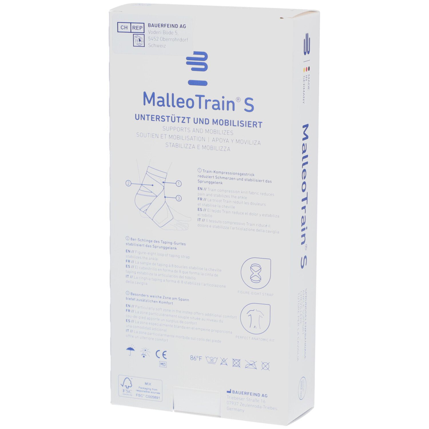 Dos de l'emballage MalleoTrain S. Nom du produit, caractéristiques de soutien, pictogrammes et informations du fabricant.