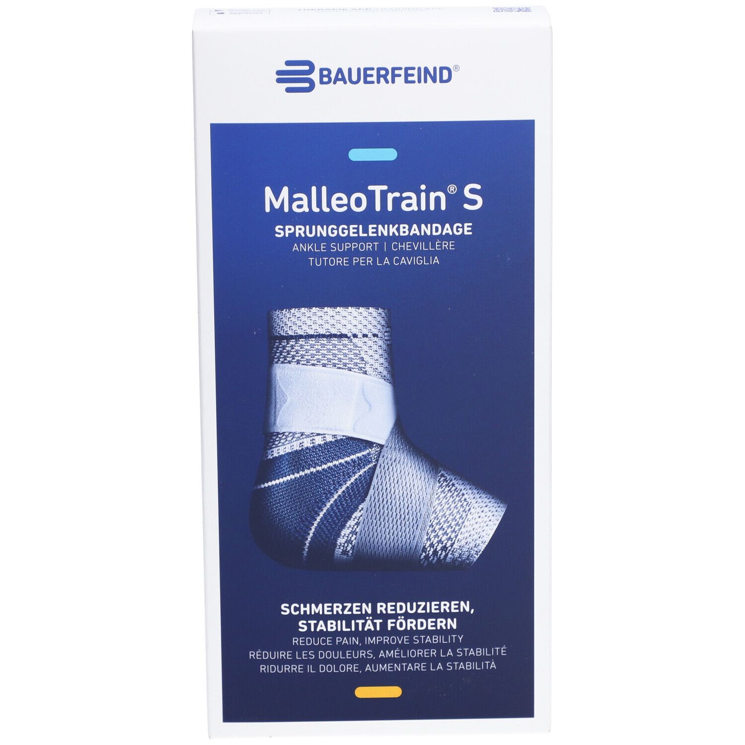 Face avant de l'emballage MalleoTrain S. Image du produit de l'attelle. Marque Bauerfeind. Nom et description du produit.