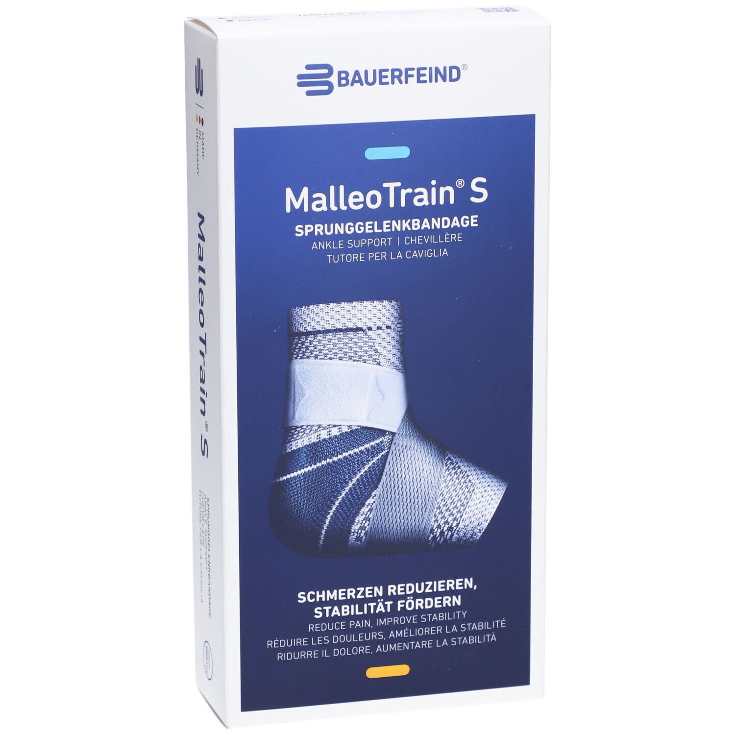 Face avant de l'emballage MalleoTrain S. Image du produit de l'attelle. Marque Bauerfeind. Nom et description du produit.