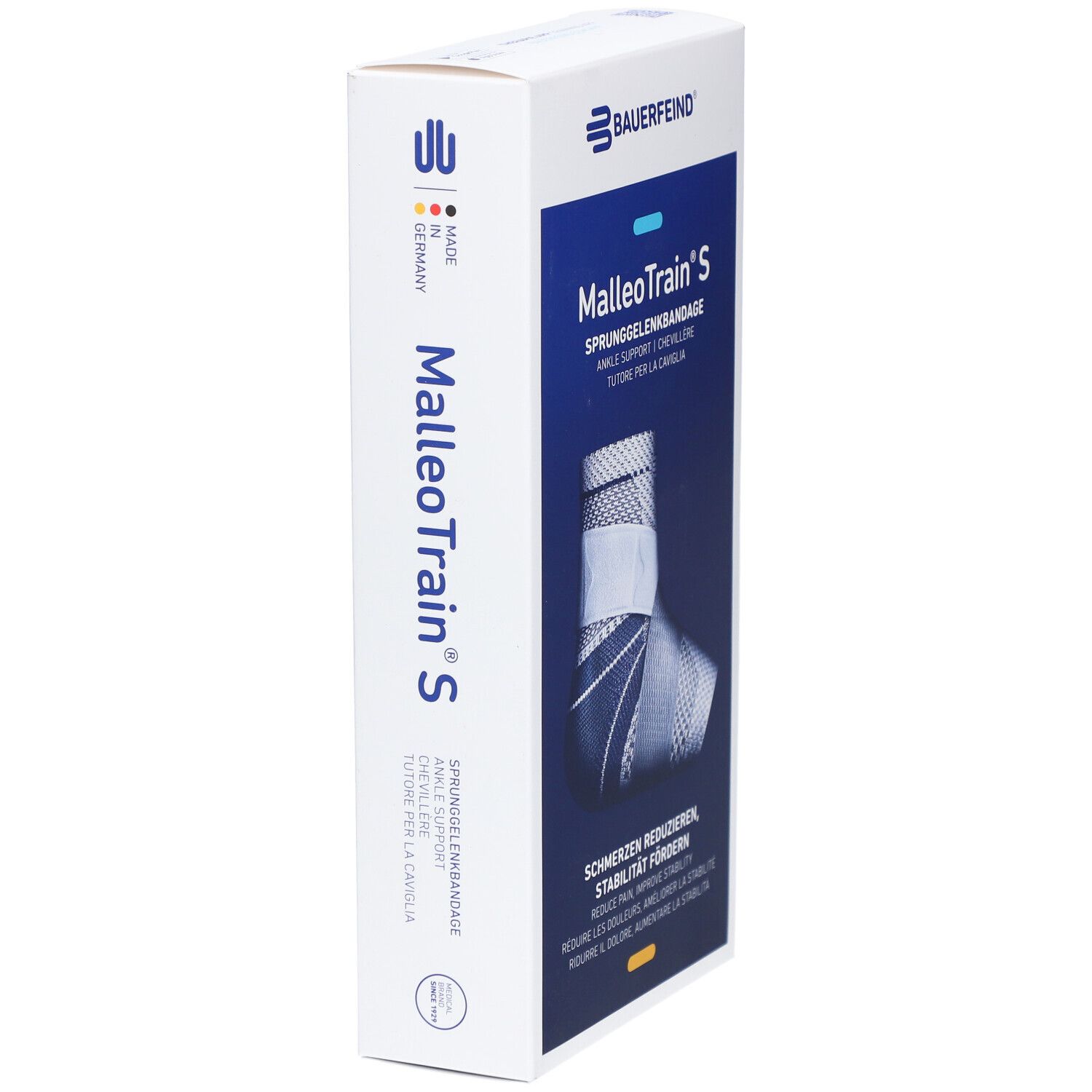 Seitenansicht der MalleoTrain S Verpackung. Marke Bauerfeind. Produktname und Informationen auf blauem Hintergrund. Hergestellt in Deutschland.