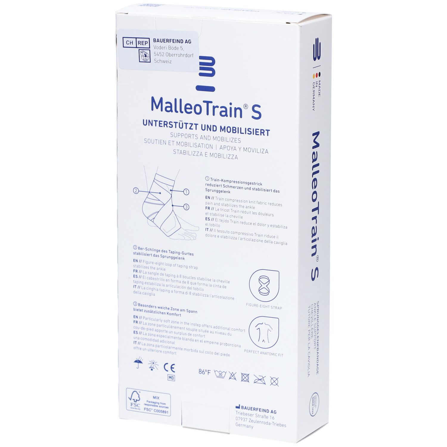 Rückseite der MalleoTrain S Verpackung. Produktinformationen, Abbildungen und Logos. Marke Bauerfeind. Größe 4 links.