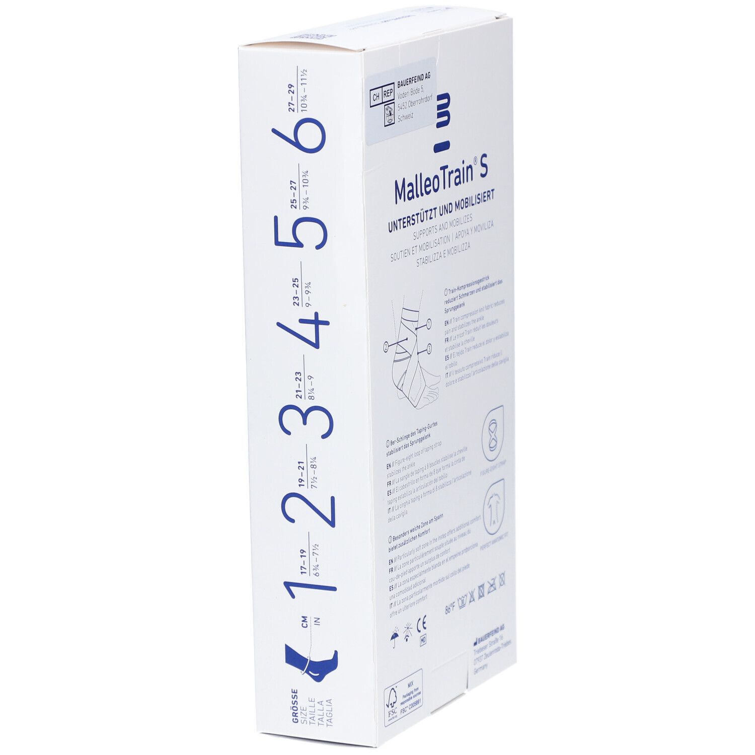 Seite der MalleoTrain S Verpackung mit Größenangaben. Größe 1-6. Marke Bauerfeind. Informationen zur Passform.