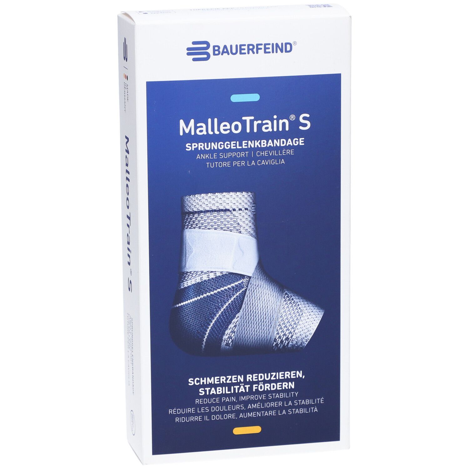 Vorderansicht der MalleoTrain S Verpackung. Marke Bauerfeind. Produktabbildung und Produktname. Größe 4 links.