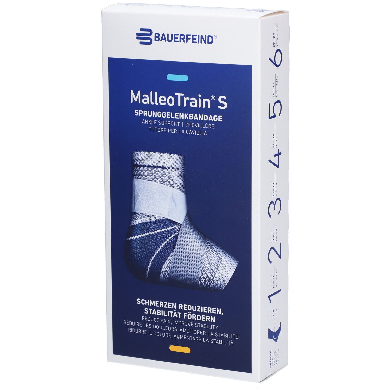 Boîte de la BAUERFEIND® Malleotrain® S. Support de cheville. Taille 5 gauche Titan. Texte en allemand, anglais, français et italien.