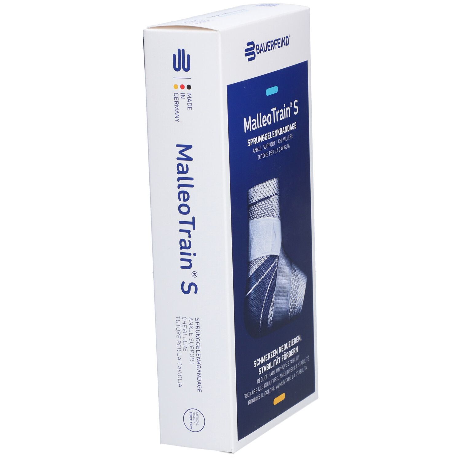 Vue latérale de la boîte BAUERFEIND® Malleotrain® S. Nom du produit et logo visibles. Fabriqué en Allemagne.