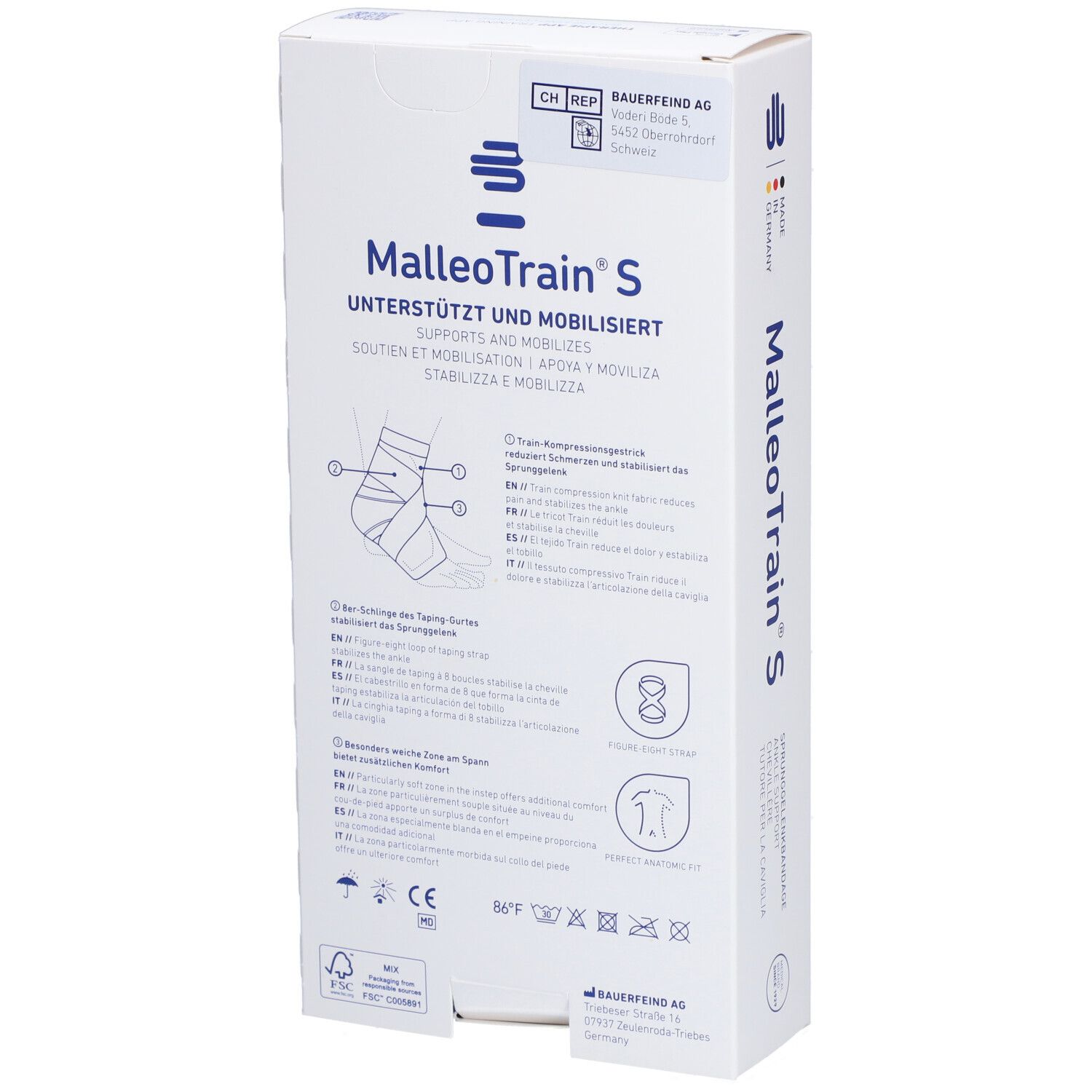 Dos de la boîte BAUERFEIND® Malleotrain® S. Informations produit, pictogrammes et tailles. Fabriqué en Suisse.
