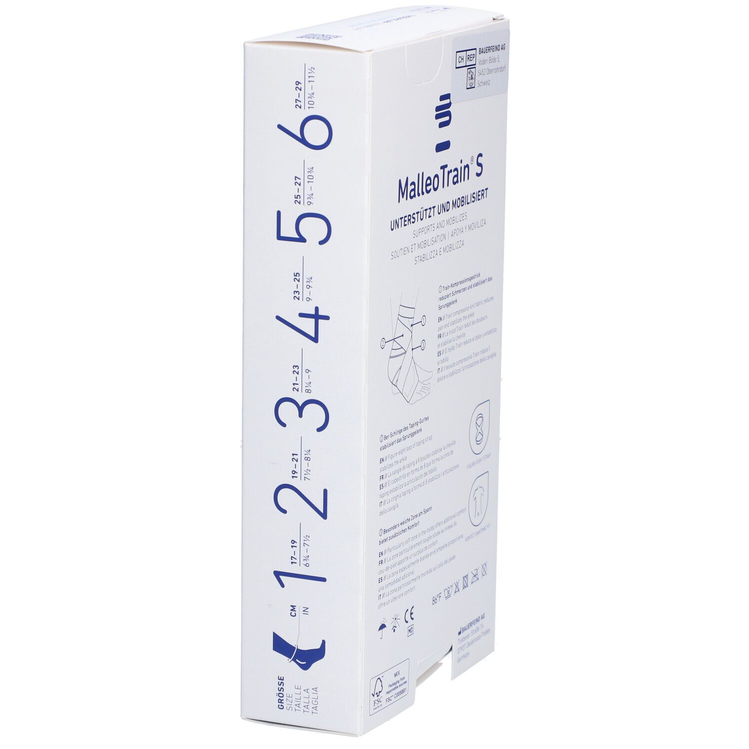 Vue latérale de la boîte BAUERFEIND® Malleotrain® S. Indications de taille de 1 à 6. Nom et logo du produit visibles.