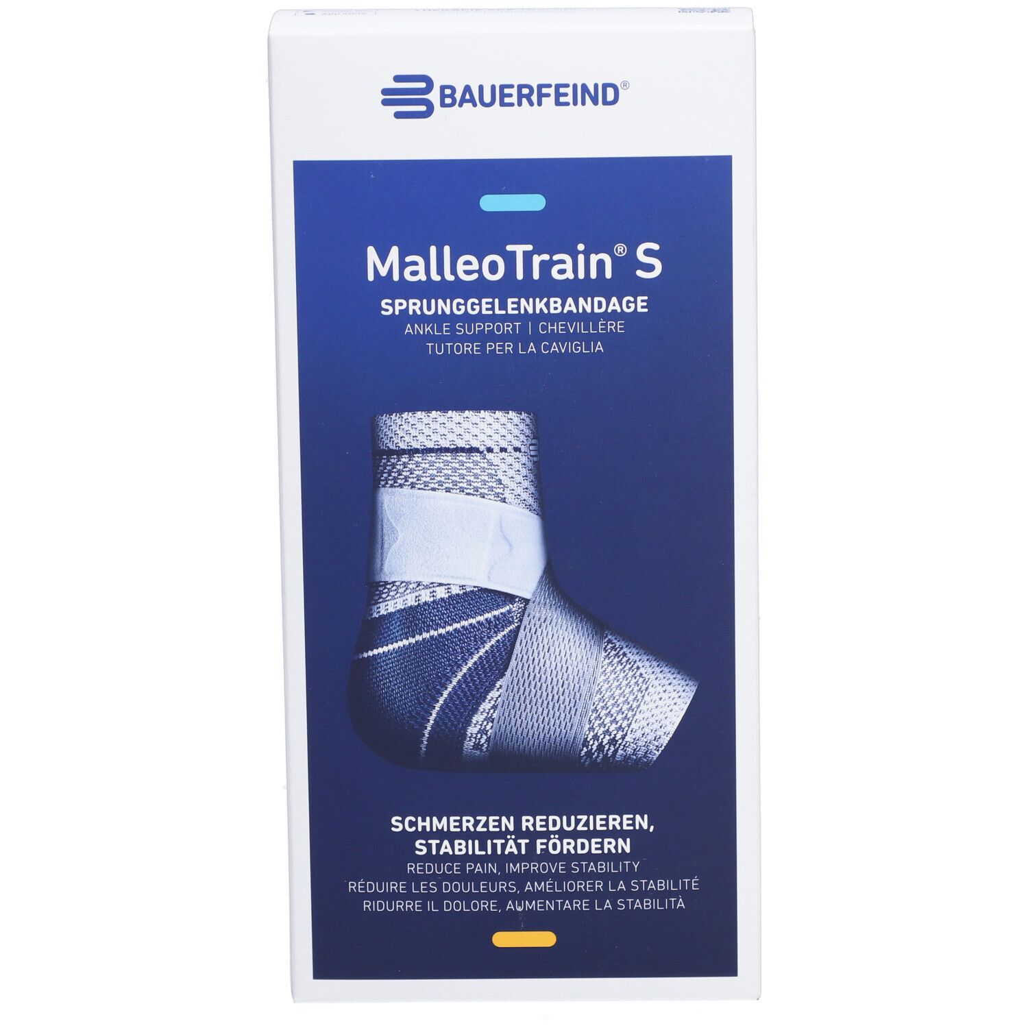 Vue de face de la boîte BAUERFEIND® Malleotrain® S. Image du produit et texte en allemand, anglais, français et italien.