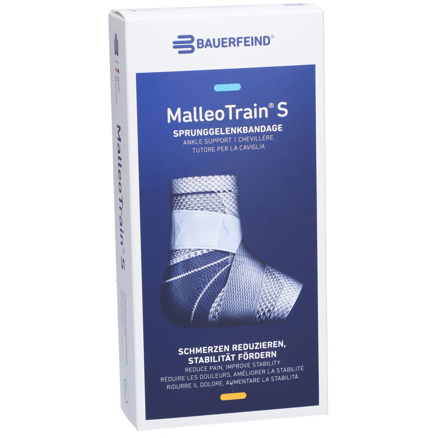 Vue de face de la boîte BAUERFEIND® Malleotrain® S. Image du produit et texte en allemand, anglais, français et italien.