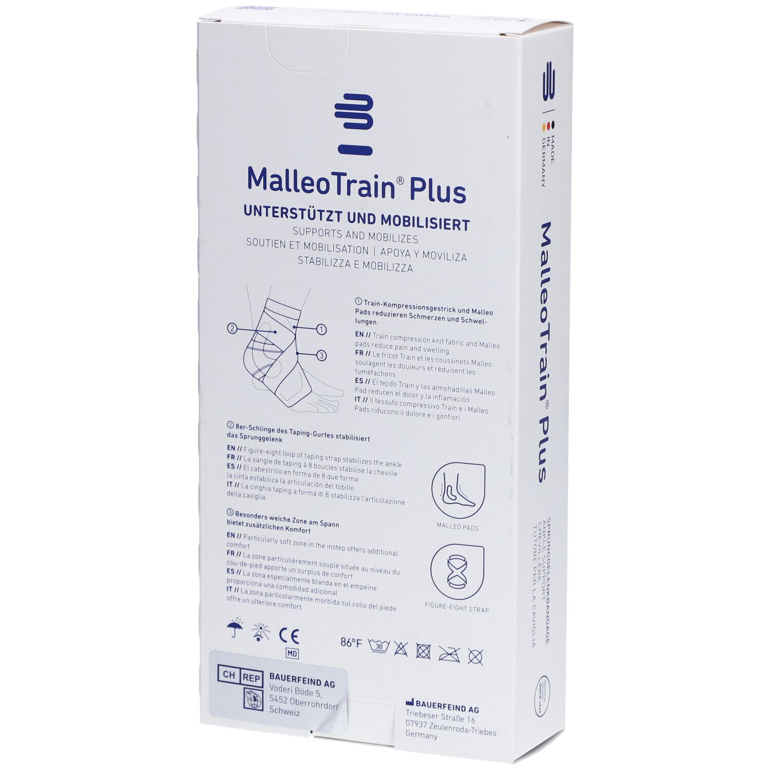 Boîte Bauerfeind MalleoTrain Plus. Arrière avec informations et pictogrammes.
