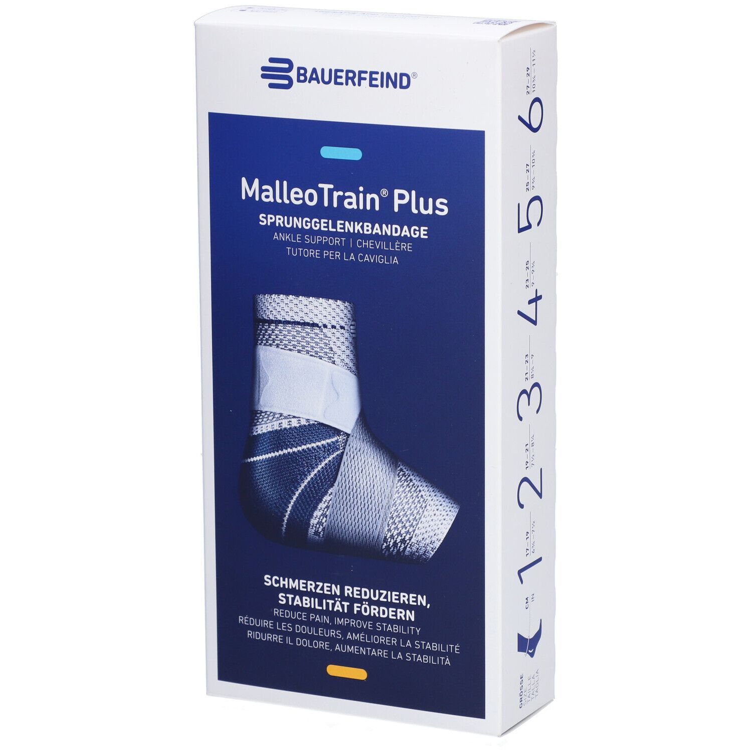 Bauerfeind MalleoTrain Plus Aktivbandage in Verpackung. Größenangabe 1-6. Reduziert Schmerzen, fördert Stabilität.