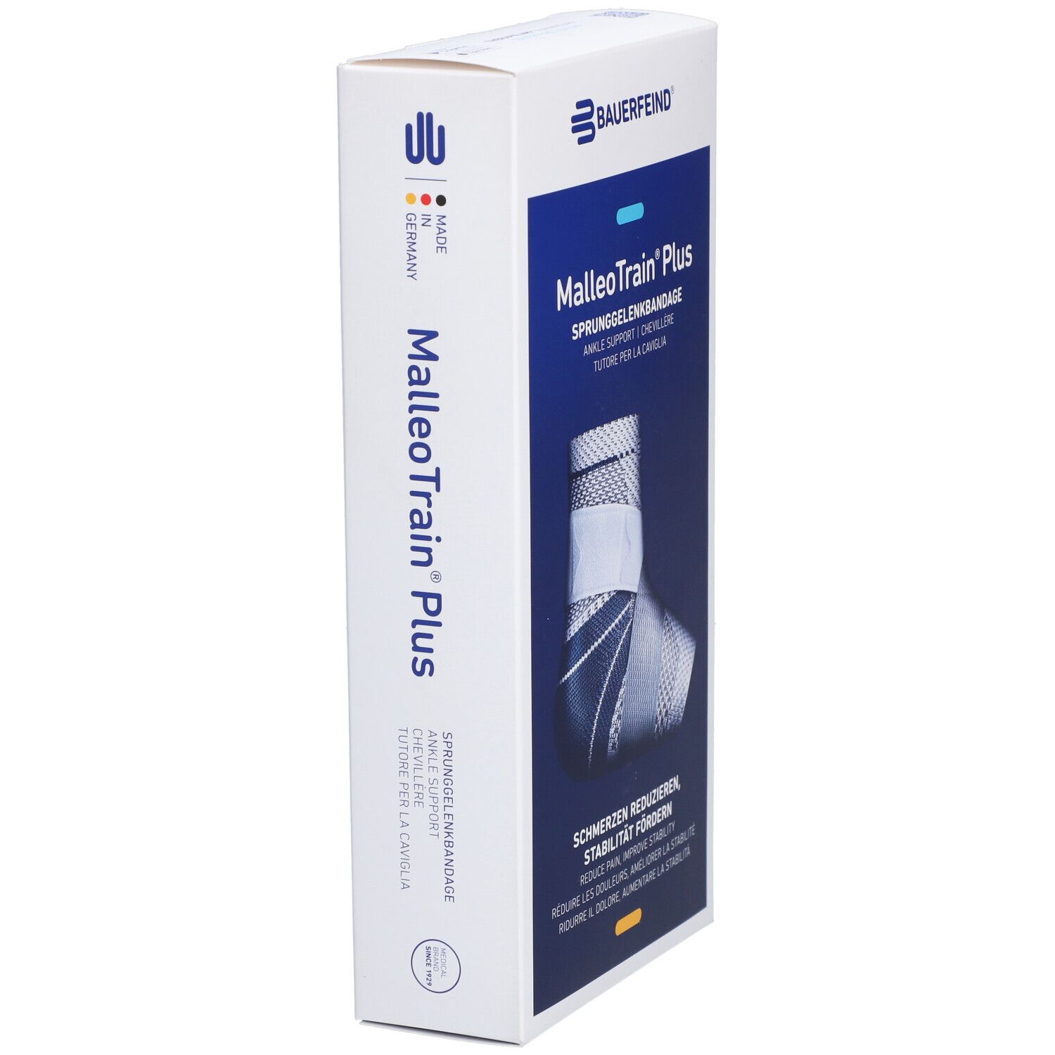 Bauerfeind MalleoTrain Plus Aktivbandage in Verpackung. Made in Germany. Größenangabe.