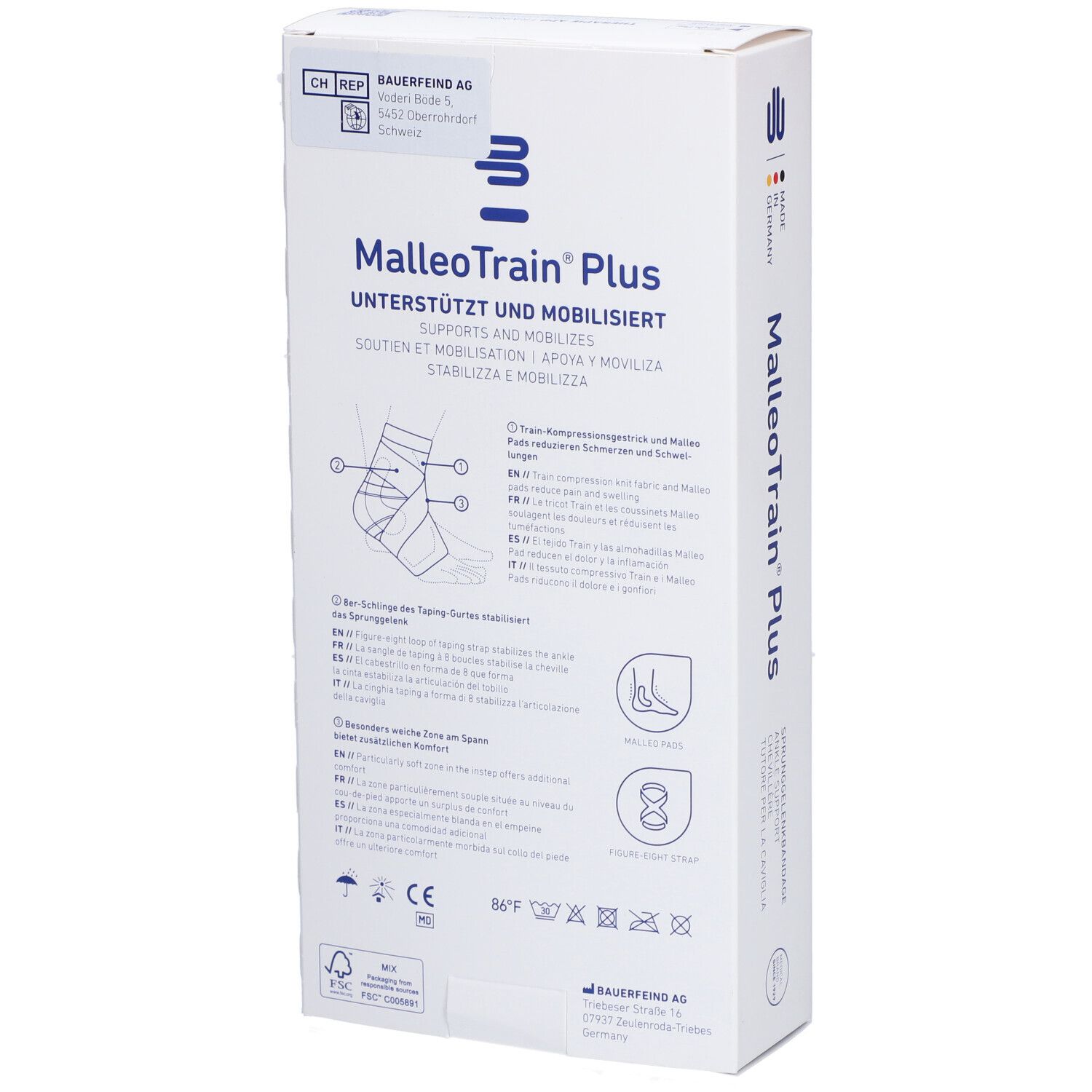 Rückseite der Verpackung der Bauerfeind MalleoTrain Plus Aktivbandage. Produktinformationen und Piktogramme.