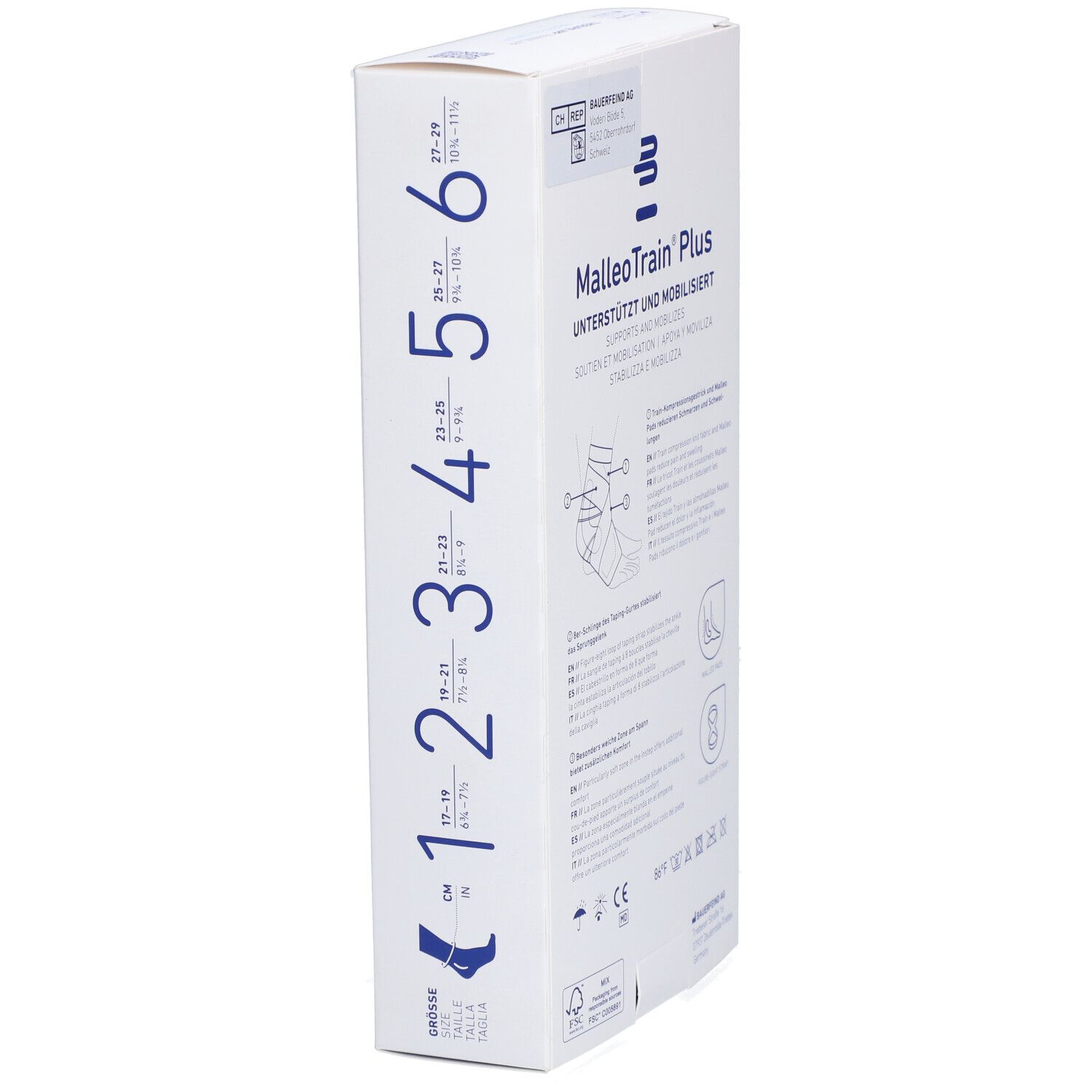 Verpackung der Bauerfeind MalleoTrain Plus Aktivbandage. Größenangaben 1-6. Maßtabelle.