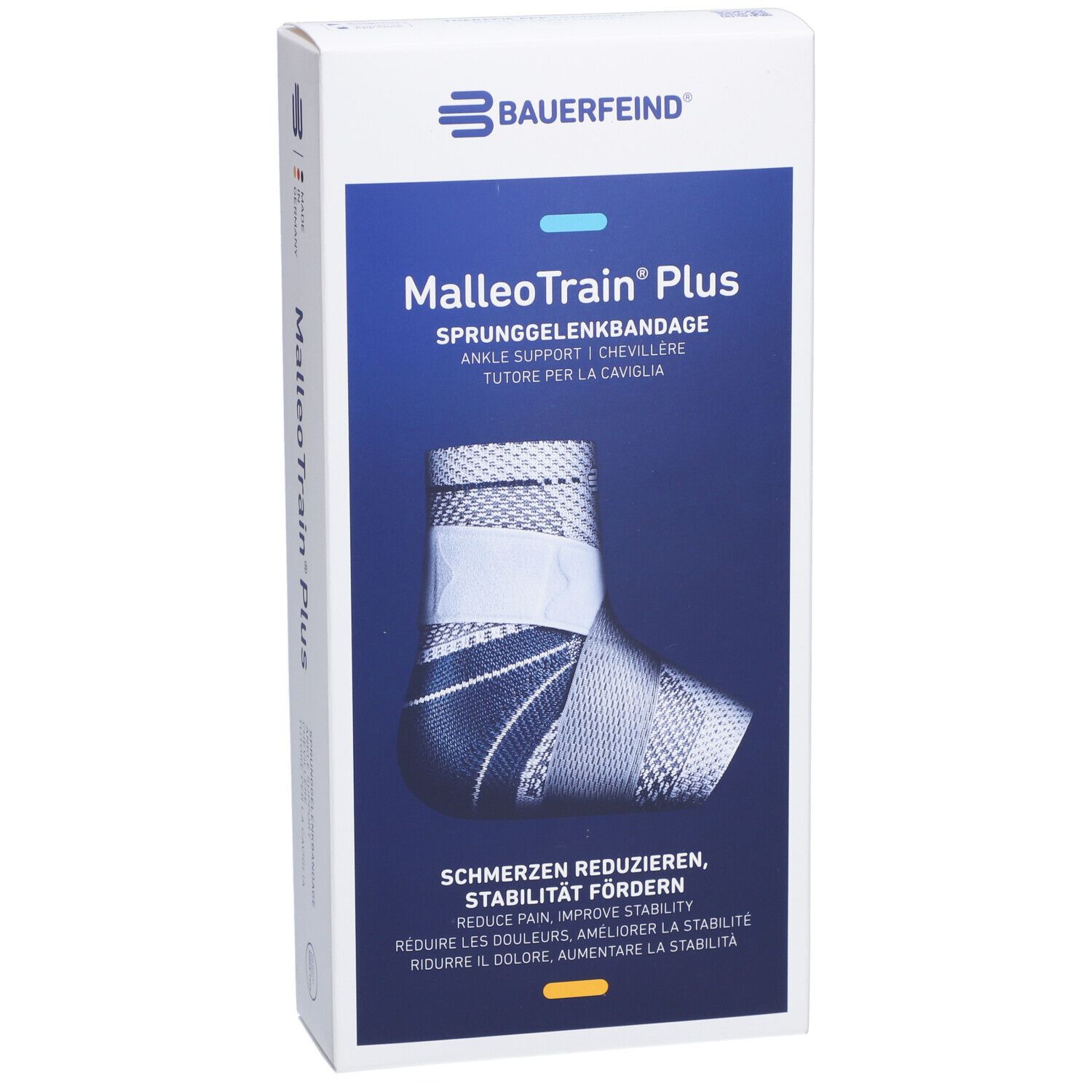 Bauerfeind MalleoTrain Plus Aktivbandage in Verpackung. Reduziert Schmerzen, fördert Stabilität.