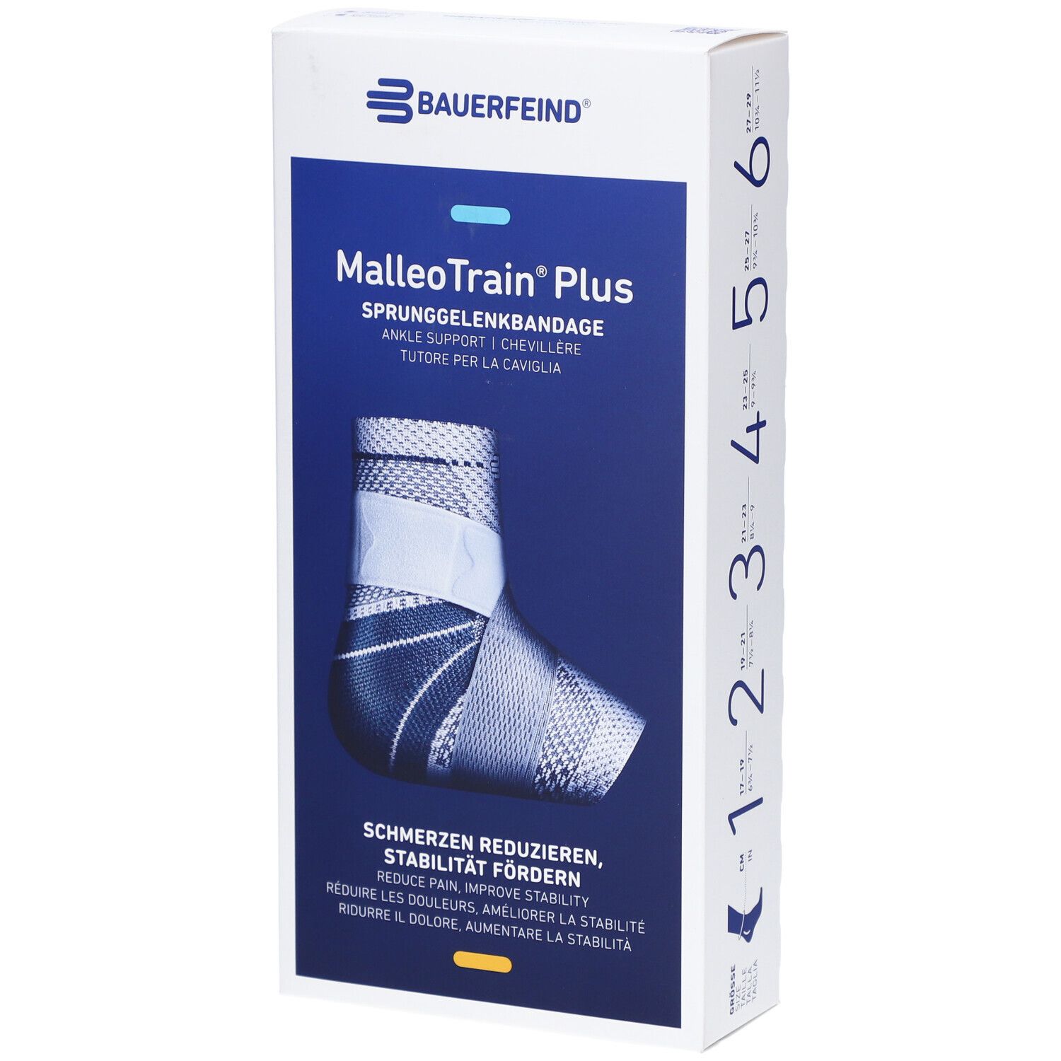 Boîte de l'attelle MalleoTrain® Plus. Image du produit, indication de taille, logo de la marque et nom du produit.