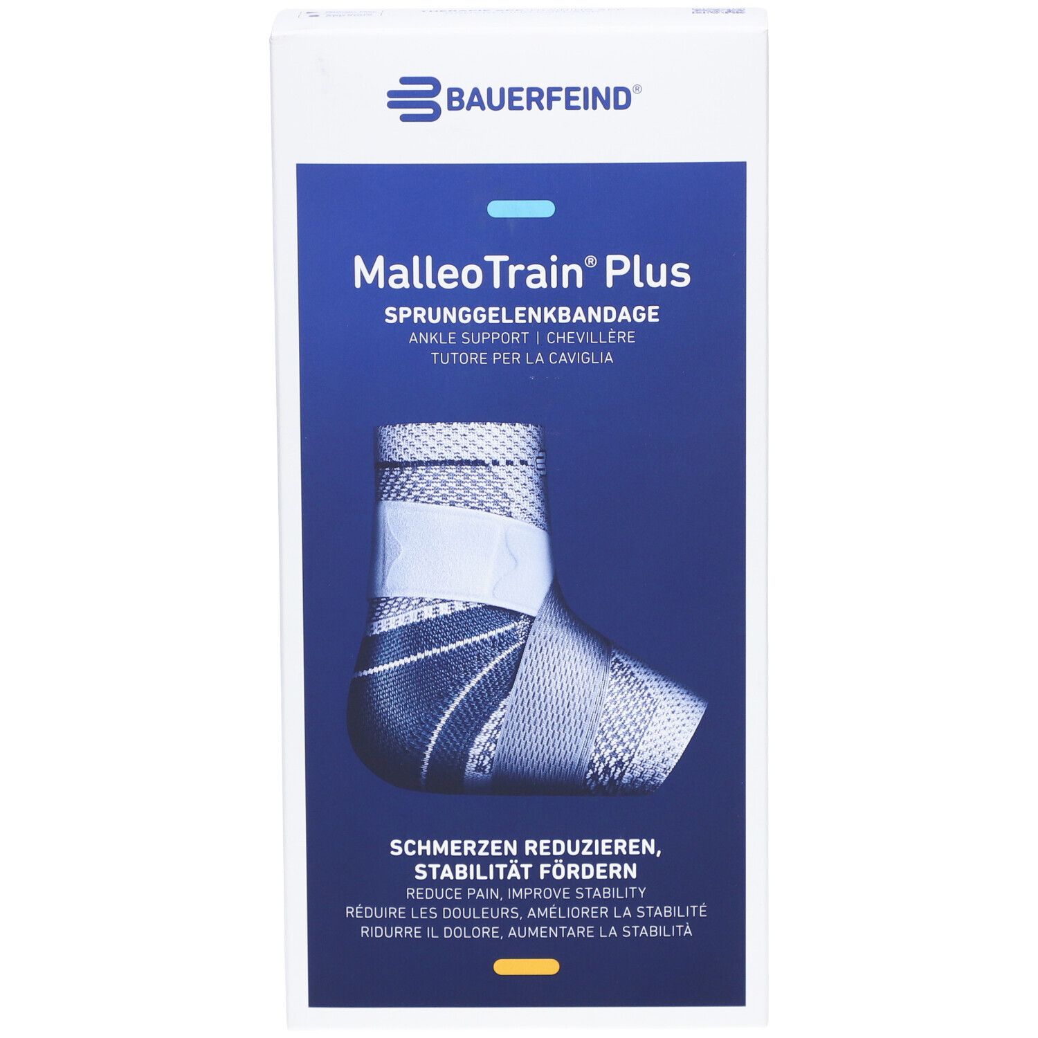 Vue de face de la boîte de l'attelle MalleoTrain® Plus. Image du produit, logo de la marque et nom du produit.
