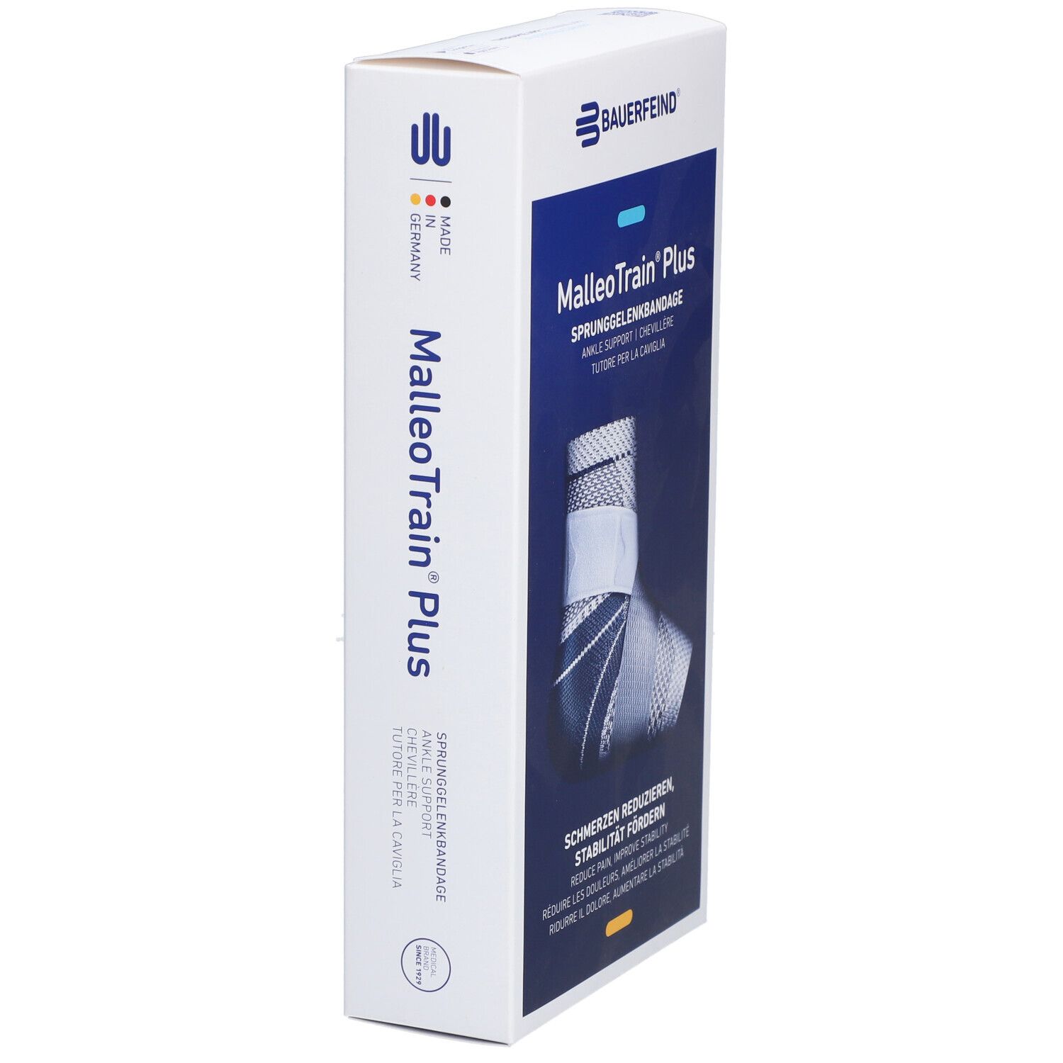 Seitenansicht der MalleoTrain Plus Verpackung. Produktname, Logo und 'Made in Germany' sichtbar.