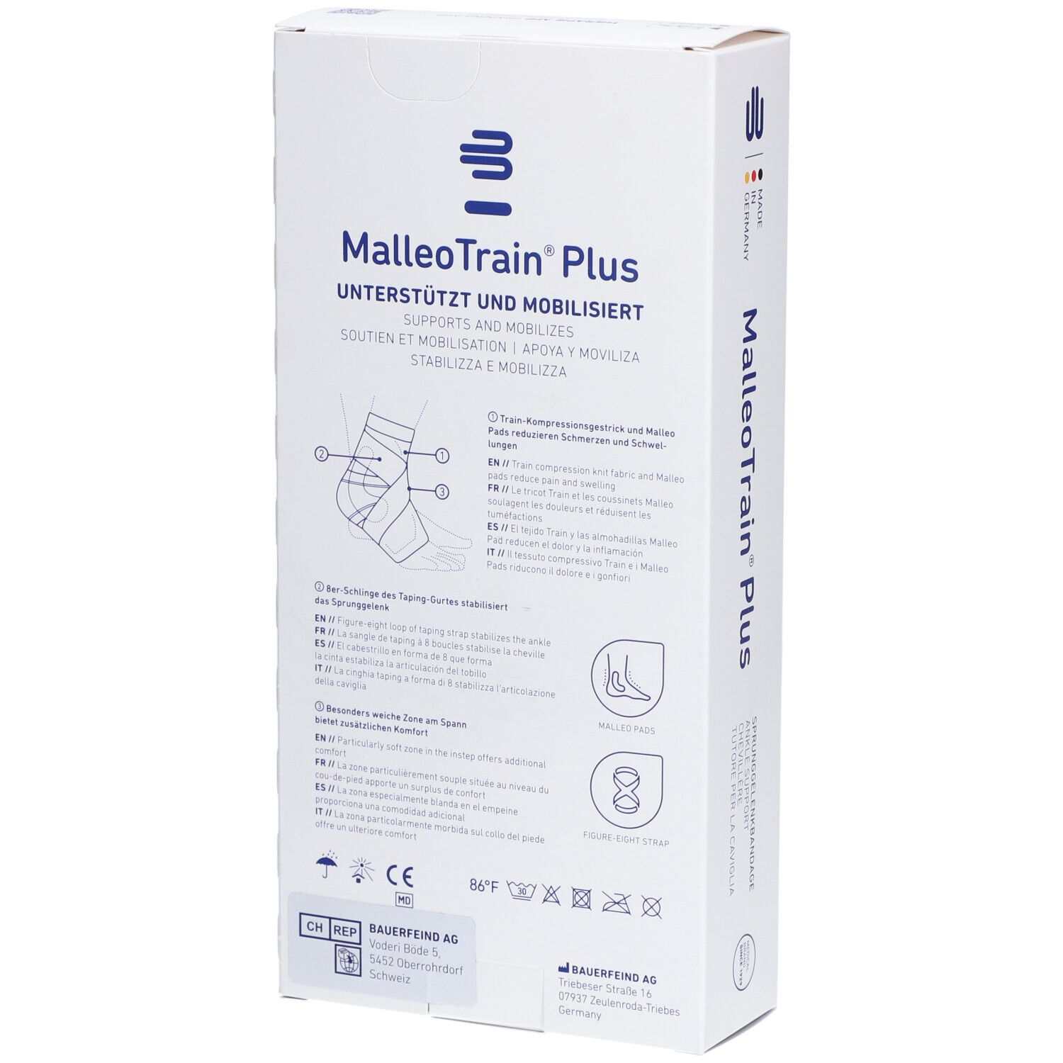 Rückseite der MalleoTrain Plus Verpackung. Produktinformationen, Piktogramme und Herstellerangaben.