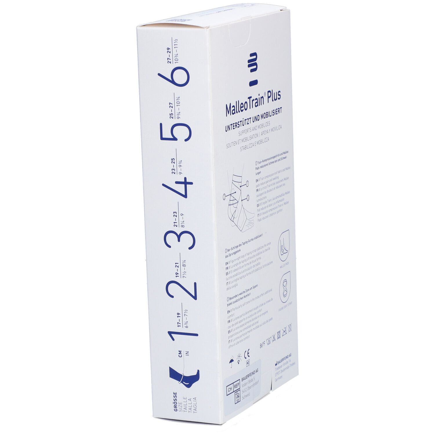 Seitenansicht der MalleoTrain Plus Verpackung mit Größenangaben und Produktname.