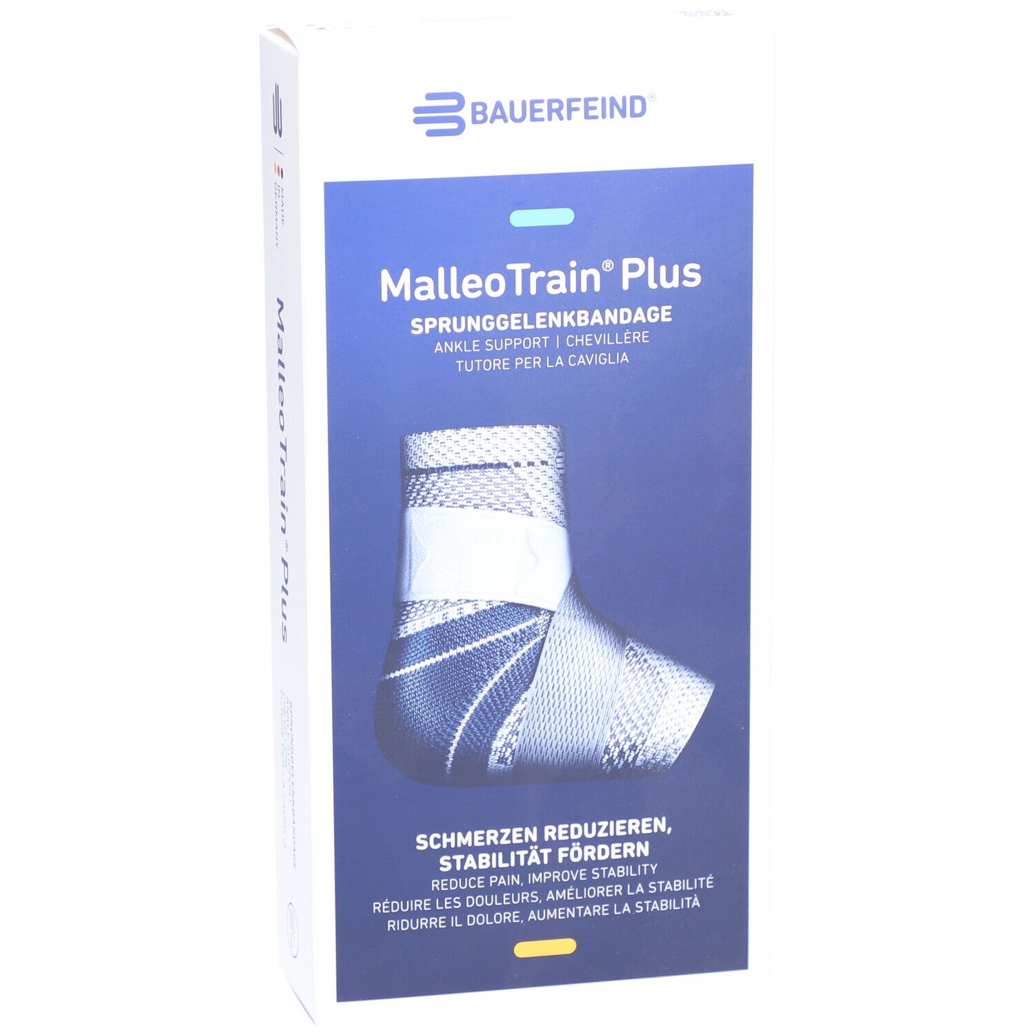 Vorderansicht der MalleoTrain Plus Verpackung. Produktabbildung und Produktname deutlich sichtbar.