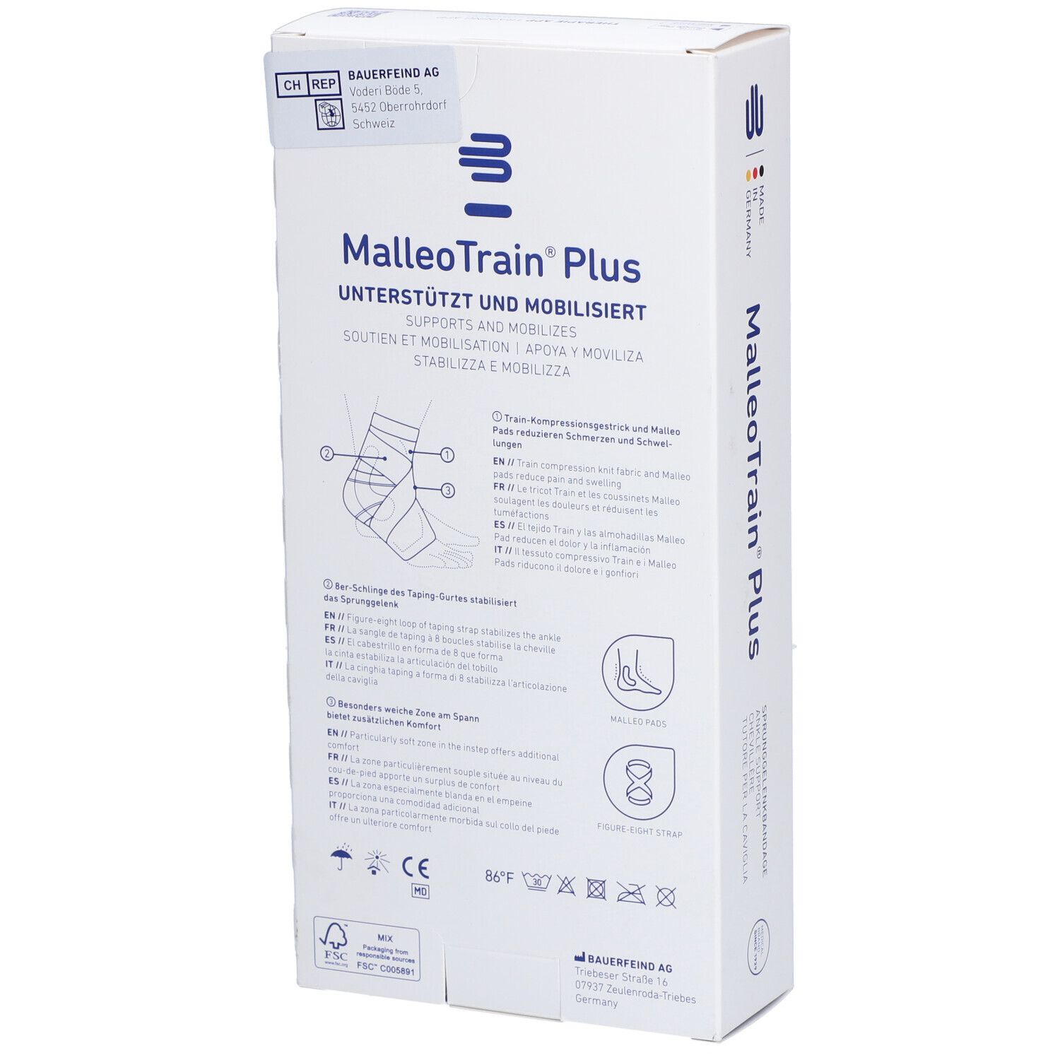 Dos de l'emballage MalleoTrain Plus. Informations sur le soutien et la mobilisation. Marque Bauerfeind.