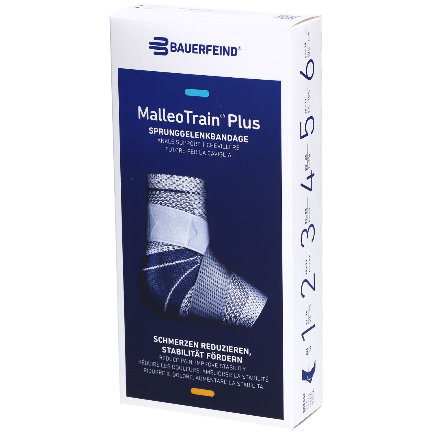 Bauerfeind MalleoTrain Plus Bandage. Verpackung mit Produktabbildung und Text. Größenangabe auf der Seite.