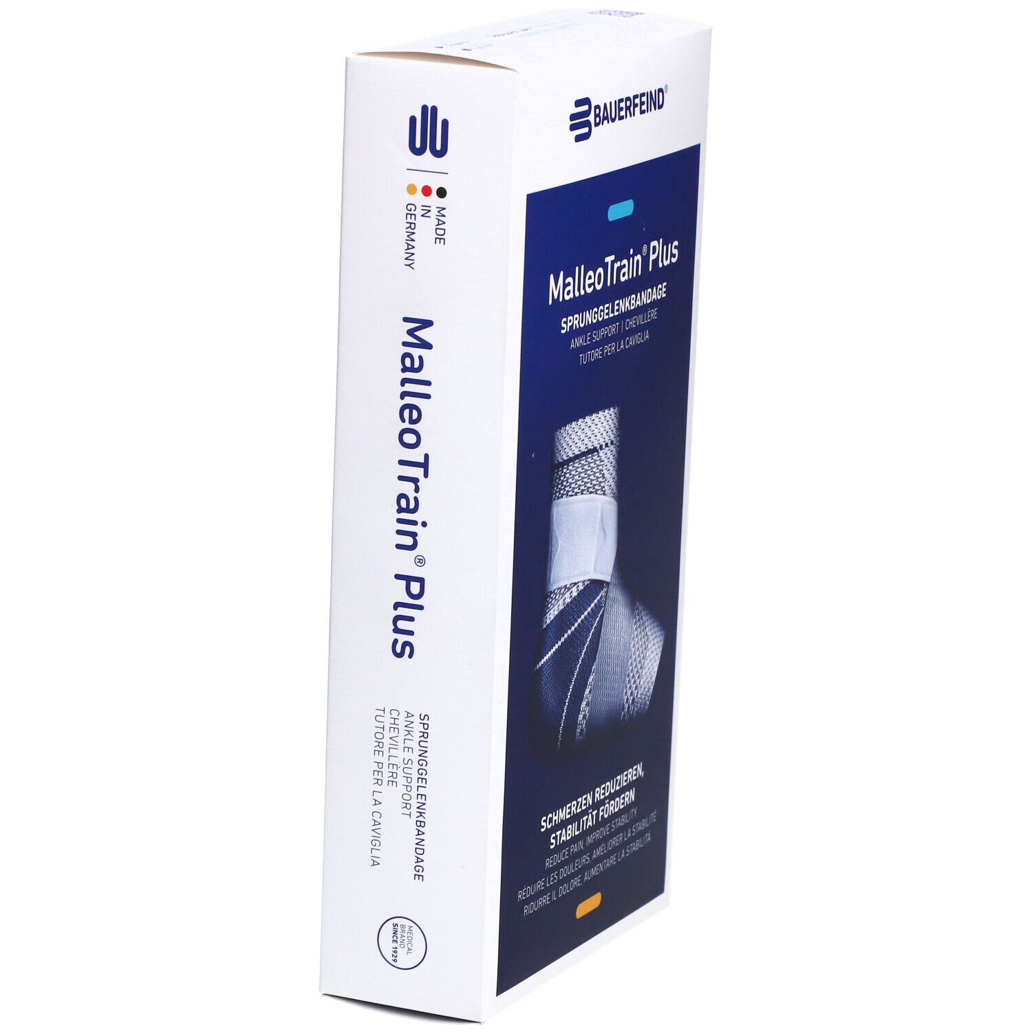 Bauerfeind MalleoTrain Plus Verpackung. Seitenansicht mit Produktnamen und Herkunftsland.