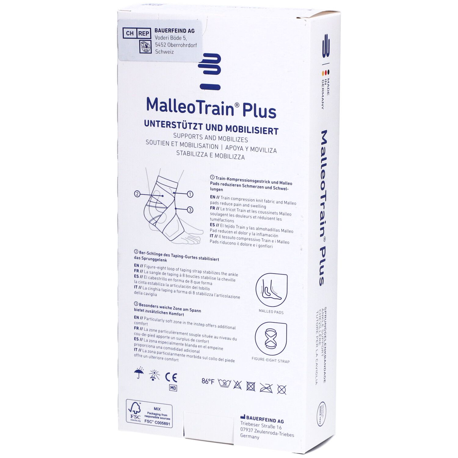 Rückseite der Bauerfeind MalleoTrain Plus Verpackung. Produktinformationen und Piktogramme.